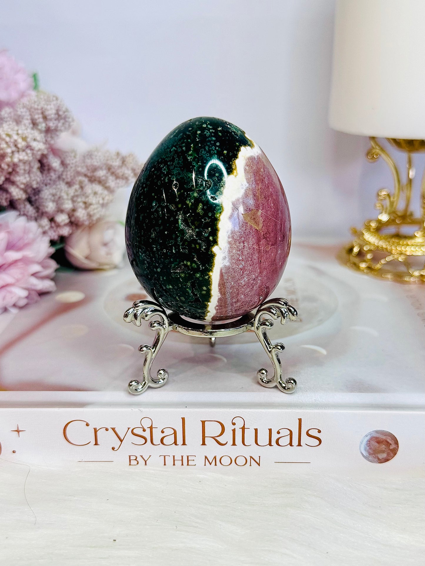 Beautiful Natural Ocean Jasper Carved Egg On Stand