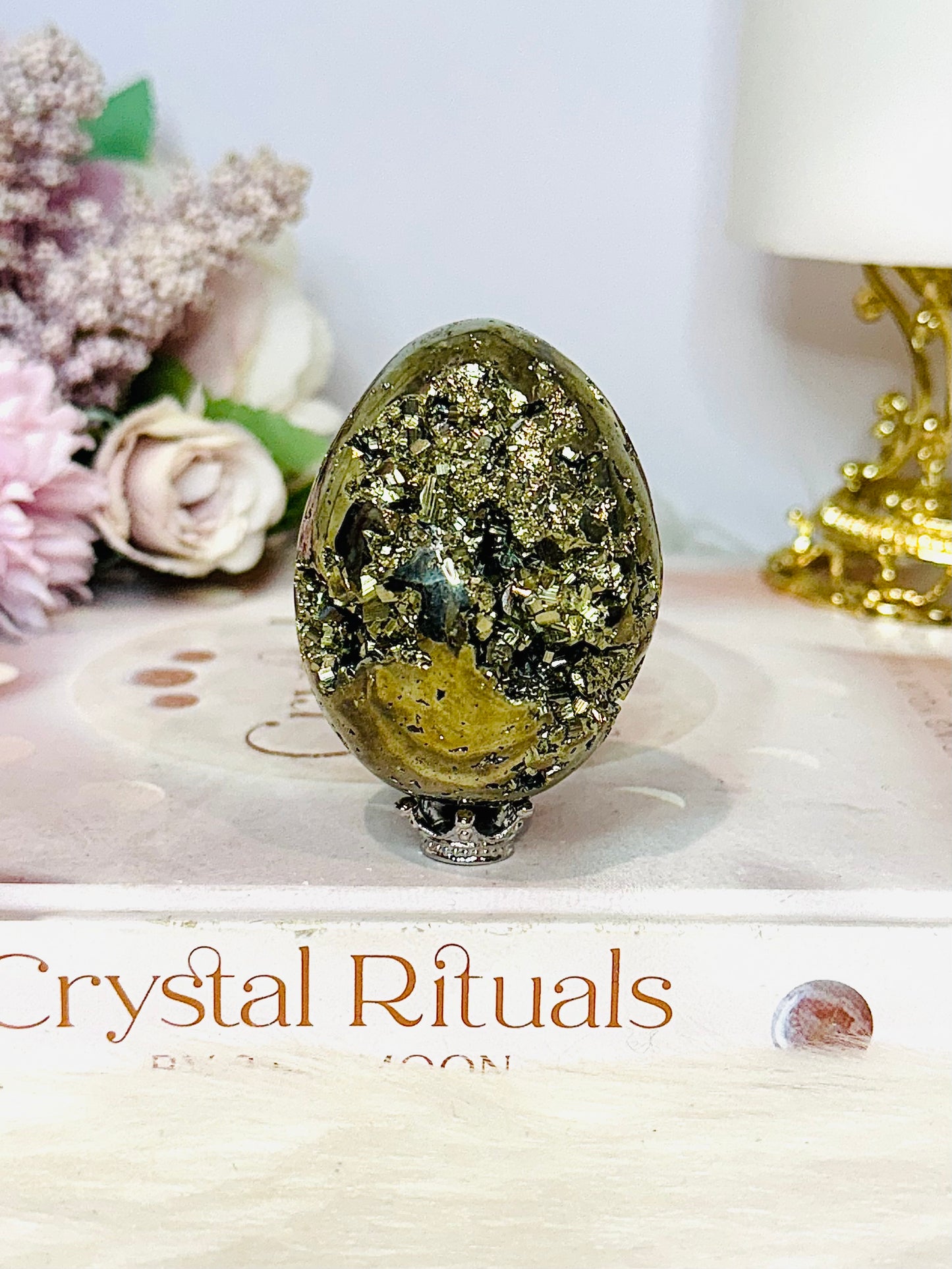 Natural Pyrite Druzy Egg on Stand 6cm 210g