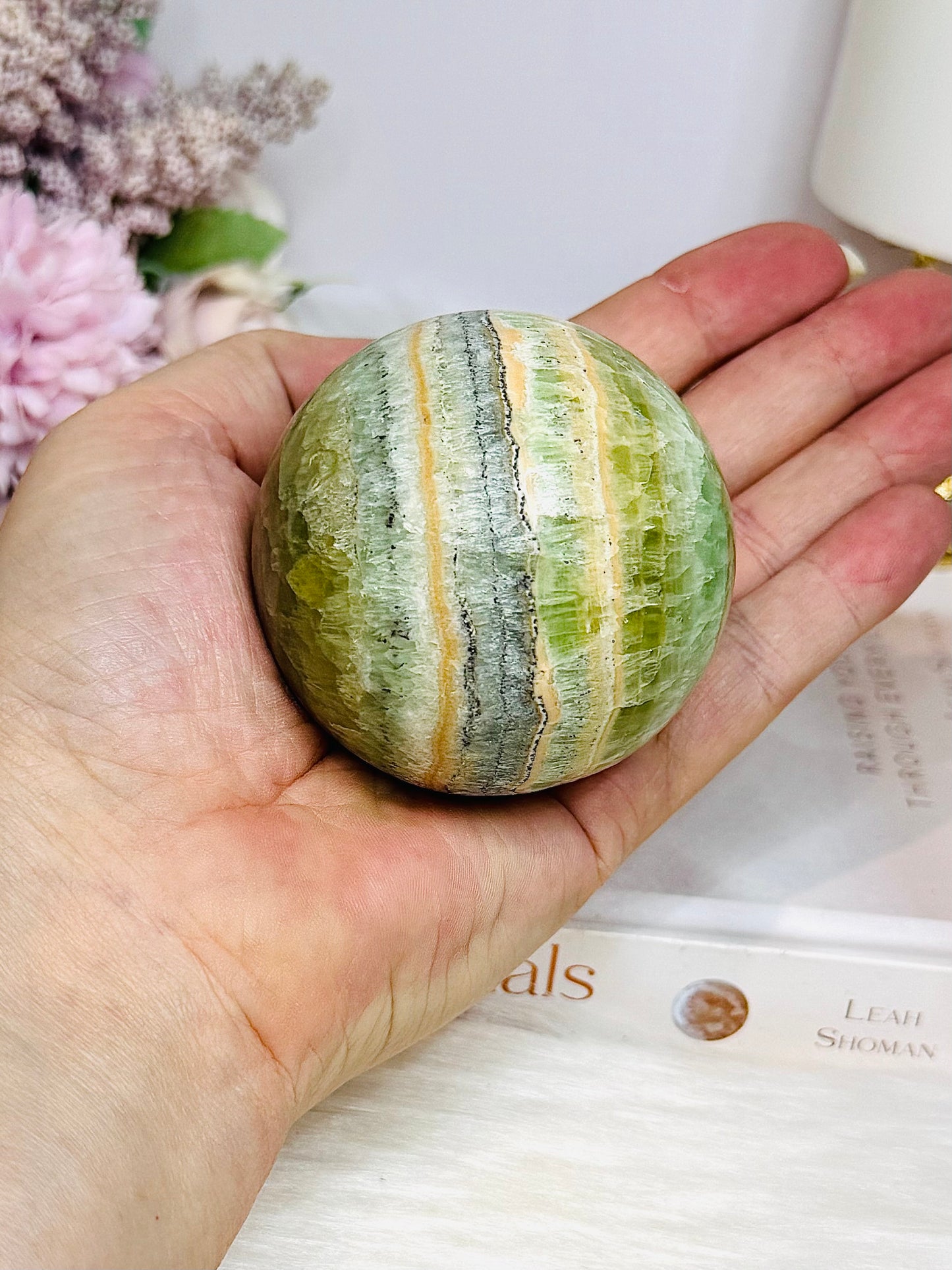 Green Calcite Sphere on Stand 338g