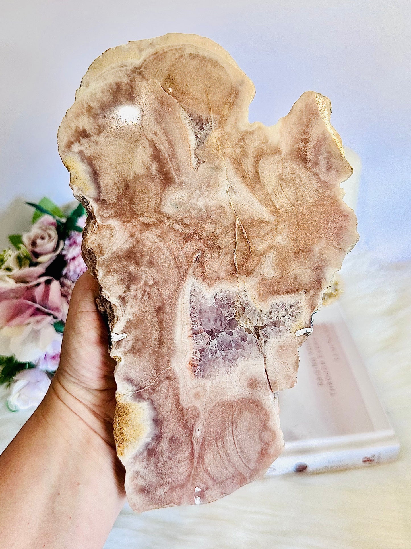 Large Natural 28cm (inc stand) Pink Amethyst Druzy Slab On Rose Gold Stand From Brazil