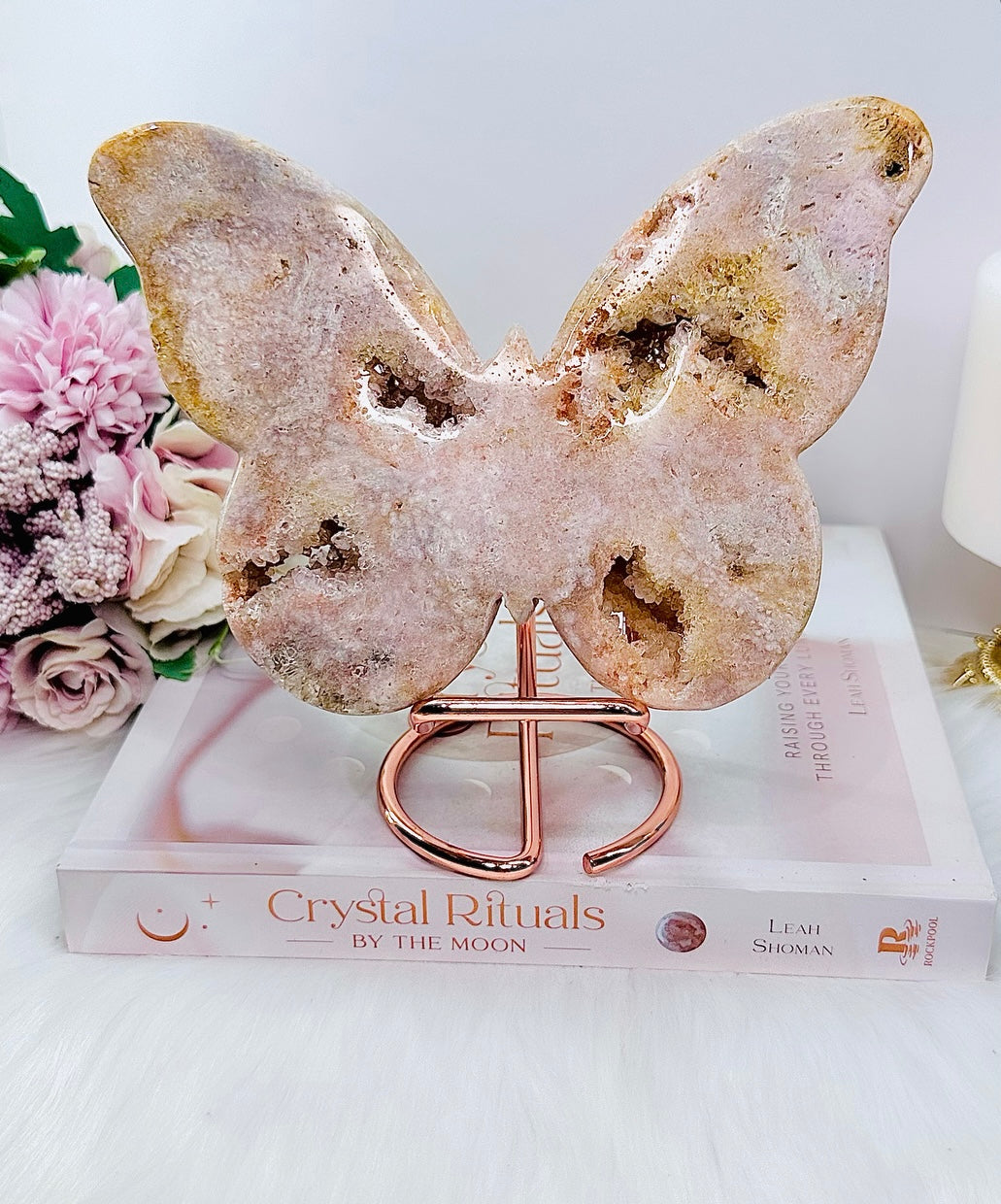 Wow!!! Gorgeous Large 25cm 816gram Chunky Druzy  Pink Amethyst Carved Butterfly From Brazil On Rose Gold Stand