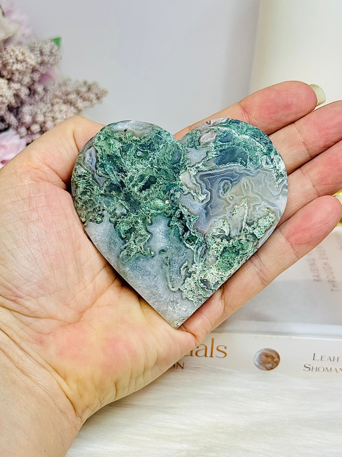 Moss Agate Carved Heart on Stand 8cm
