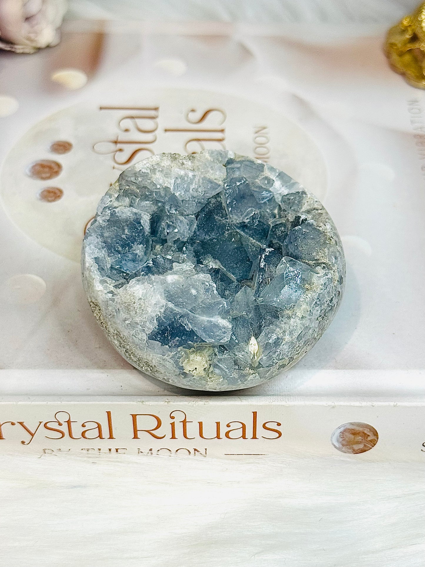 Blue Celestite Round Freeform 262g On Stand