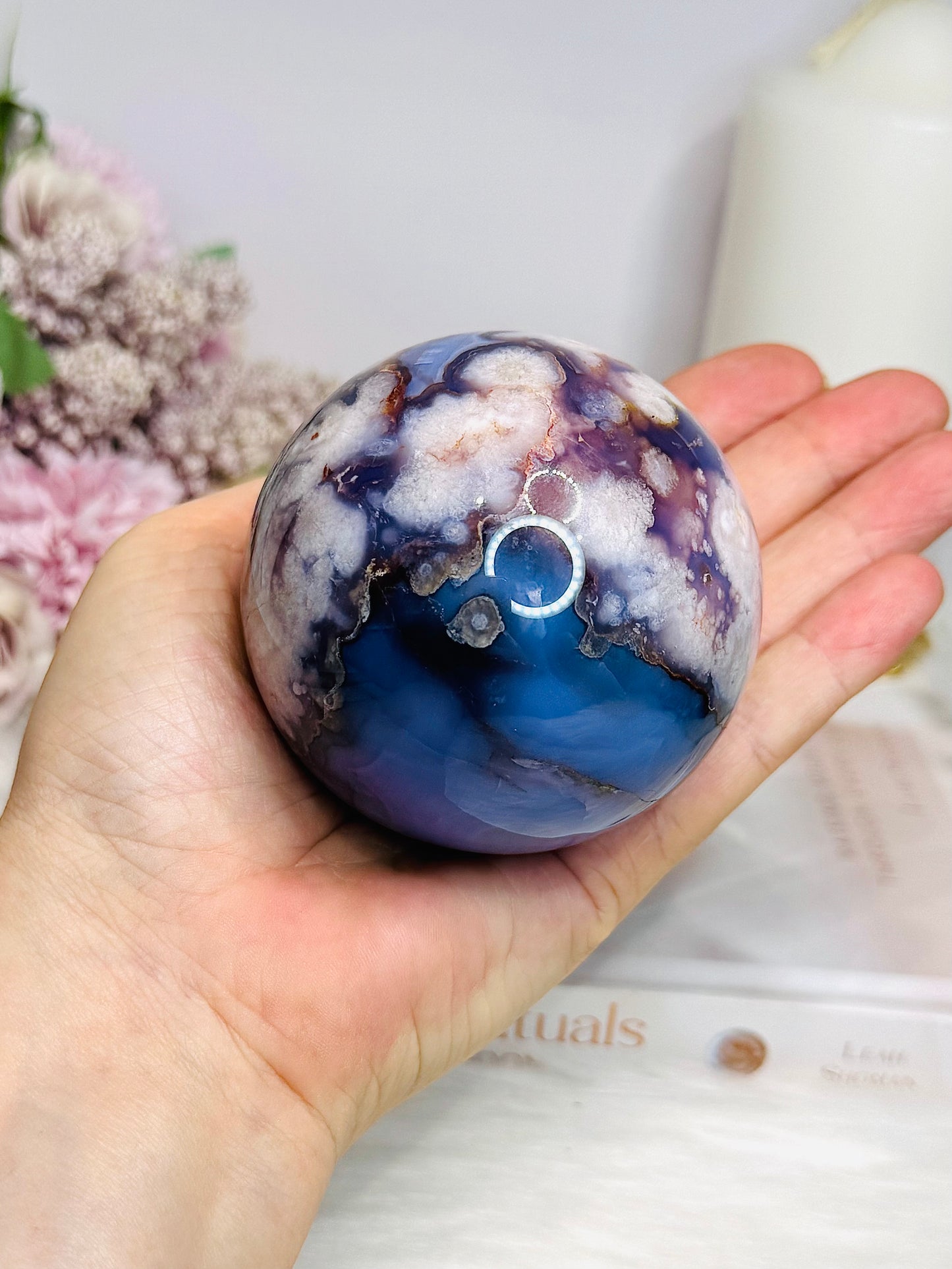 Large Blue Flower Agate | Cherry Blossom Druzy Sphere on Stand 482g