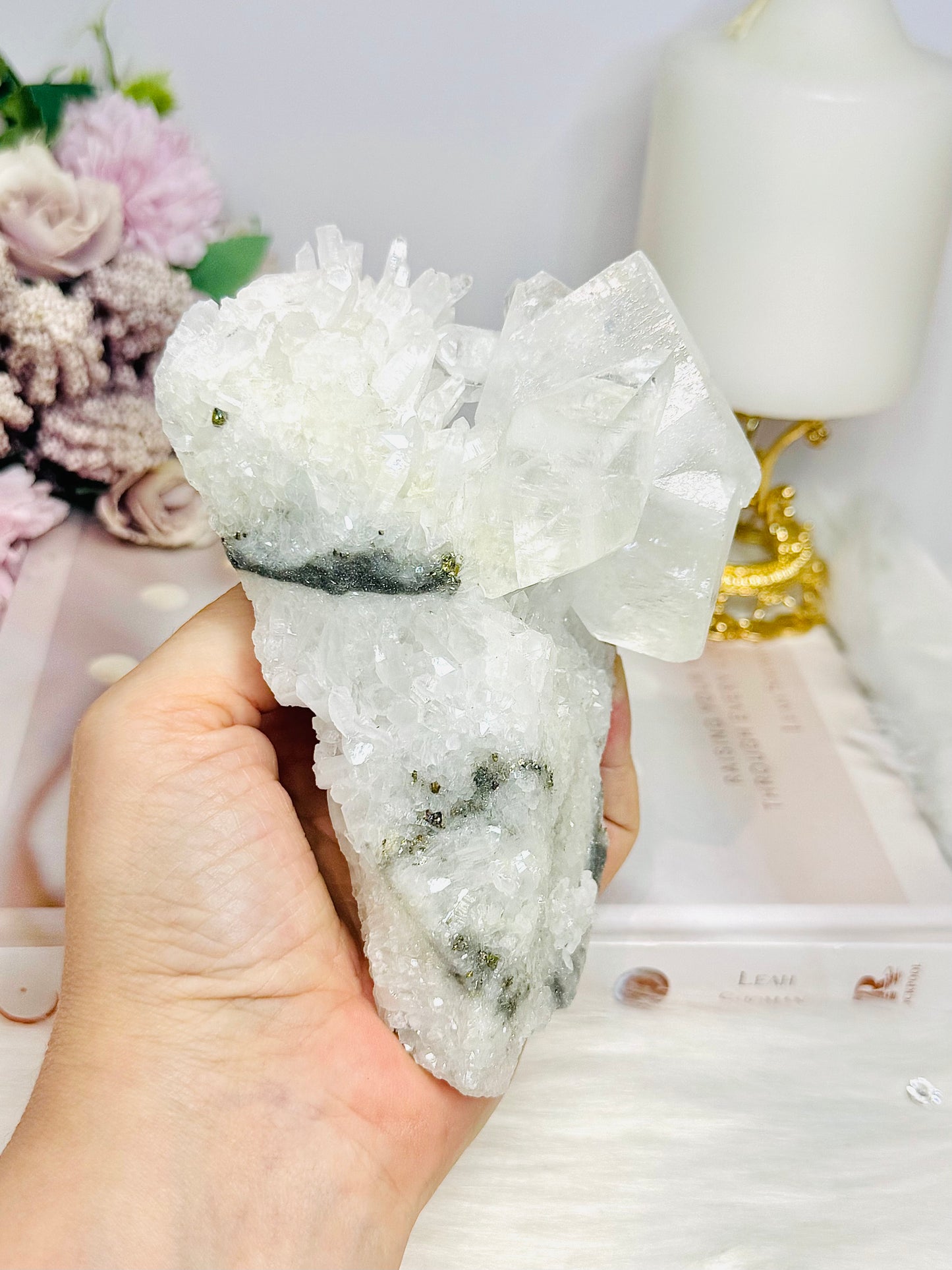 High Grade Clear Quartz Natural Cluster with Pyrite Inclusions 14.5cm 446g