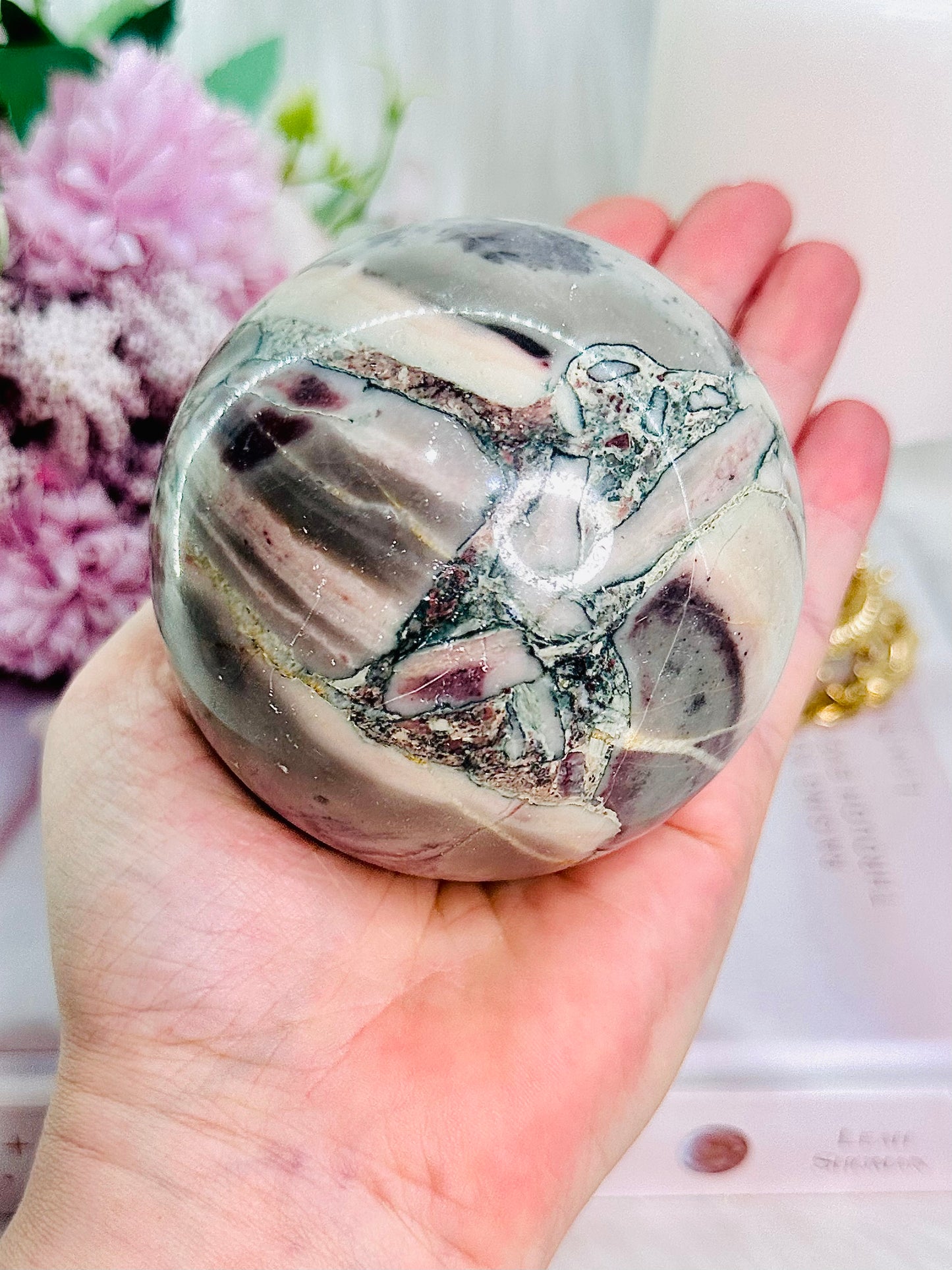 Incredible Large Opalised Fluorite Sphere with A Mosaic Effect 698grams Comes On Stand (Glass stand in pic is display only)