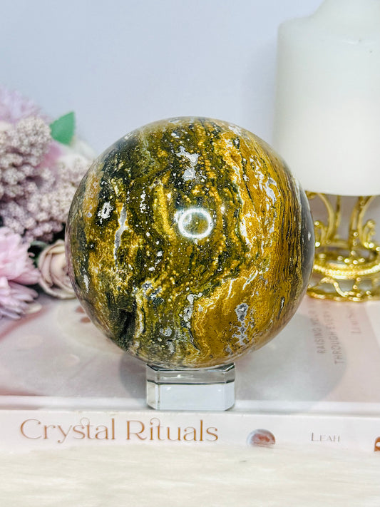 Large Ocean Jasper Orbicular Druzy Sphere On Stand 1.2KG