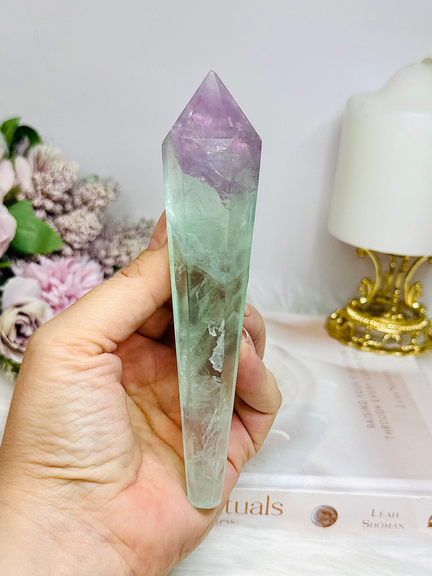Watermelon Fluorite Wand | Tower with Rainbows 14.5cm