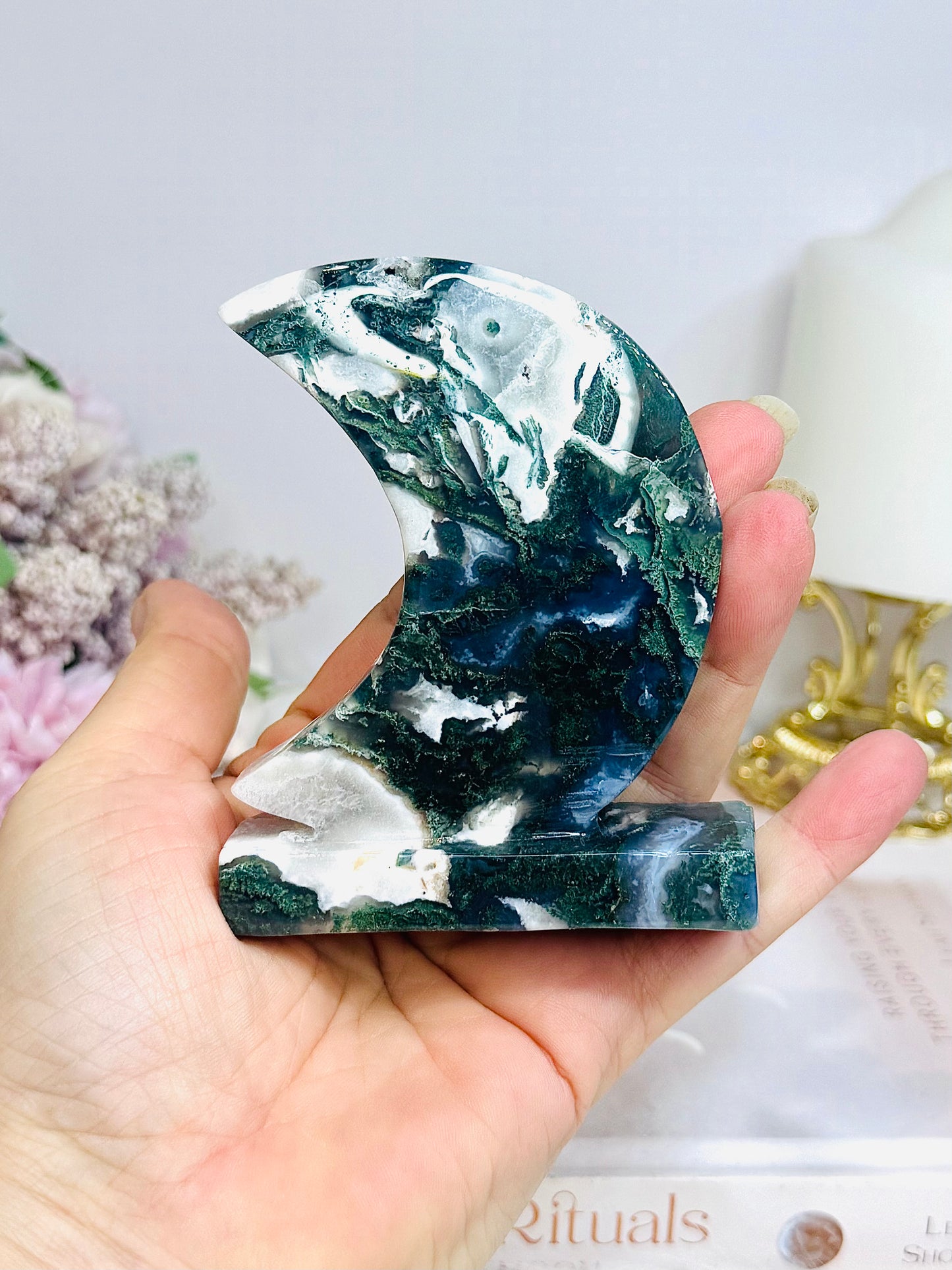 Moss Agate Druzy Moon On Stand 10cm
