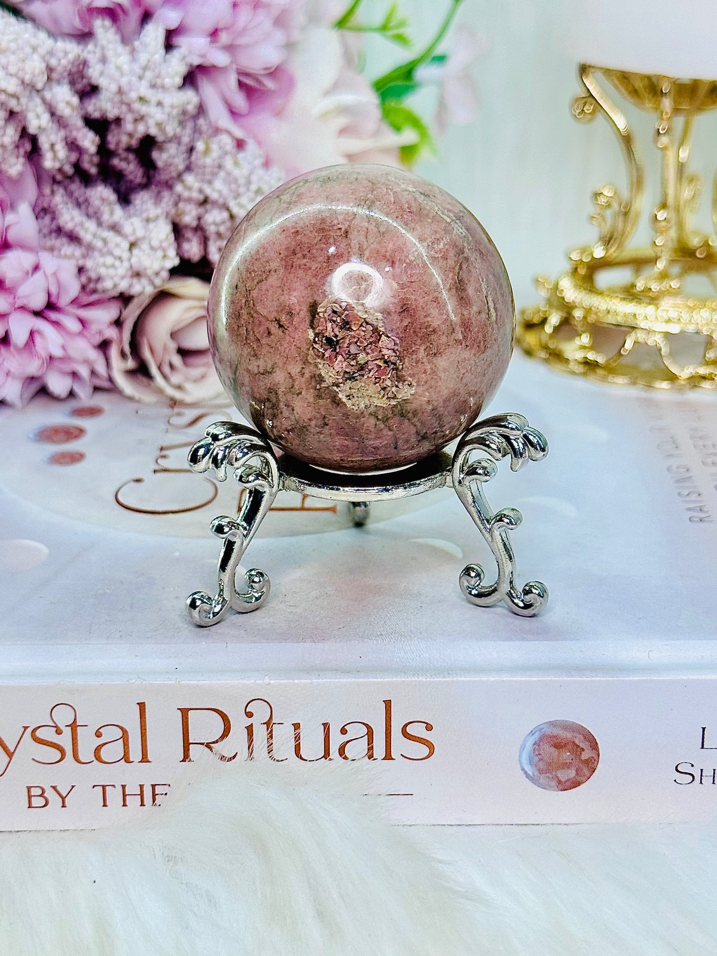 Pretty Rhodonite Sphere 174grams On Silver Stand