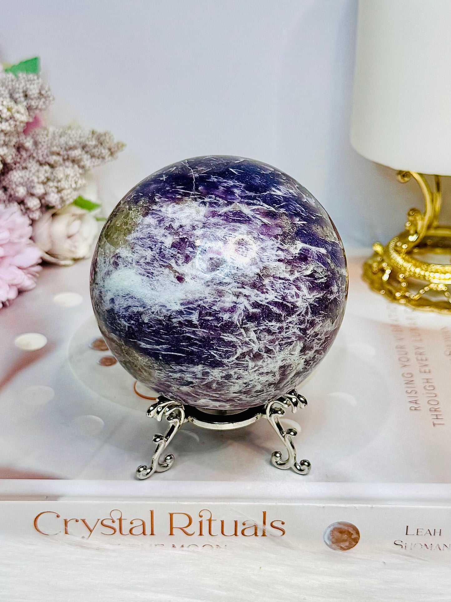 Natural Large Pegmatite | Unicorn Stone (Lepidolite, Pink Tourmaline, Smoky Quartz and Cleavelandite) Sphere on Stand 661g