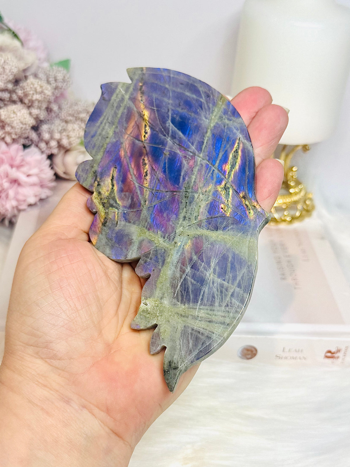 Large Labradorite Butterfly Wings With Purple Flash 21cm Tall