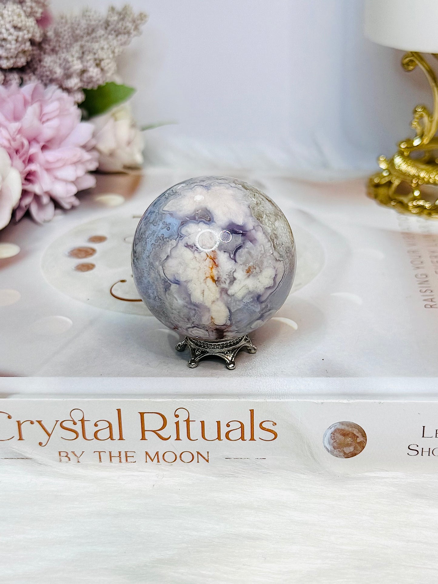 High Grade Blue Flower Agate Sphere on Stand 119g