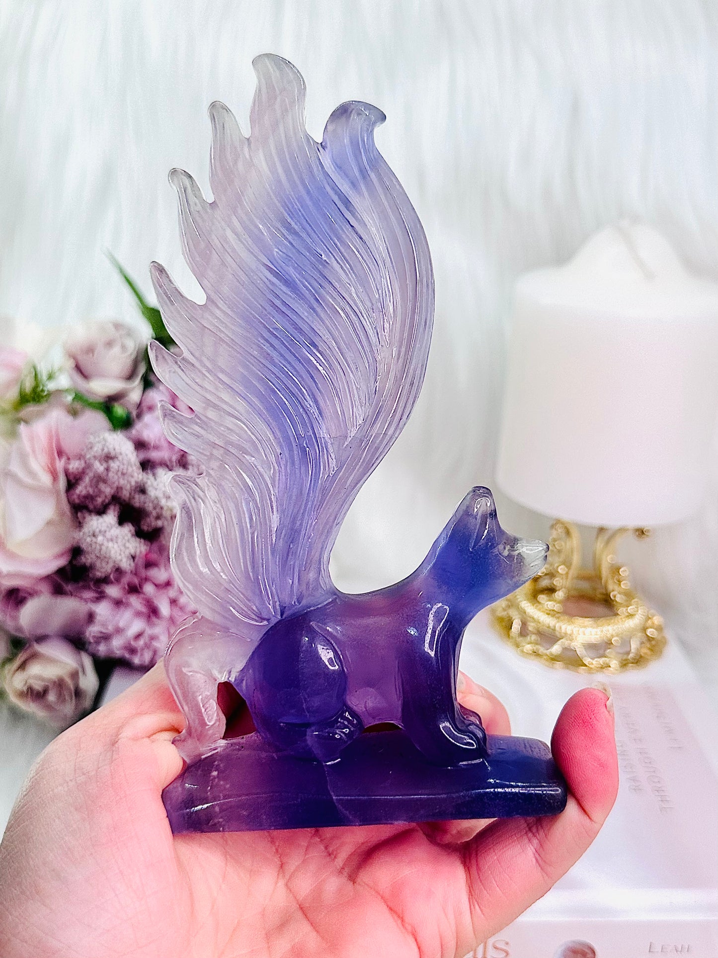 Elegant & Dainty Purple Fluorite Perfectly Carved Nine Tail Fox ~ Absolutely Beautiful 16cm