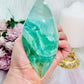 Wow! Classy & Fabulous Large 22cm 608gram Green Fluorite Carved Flame On Gold Stand