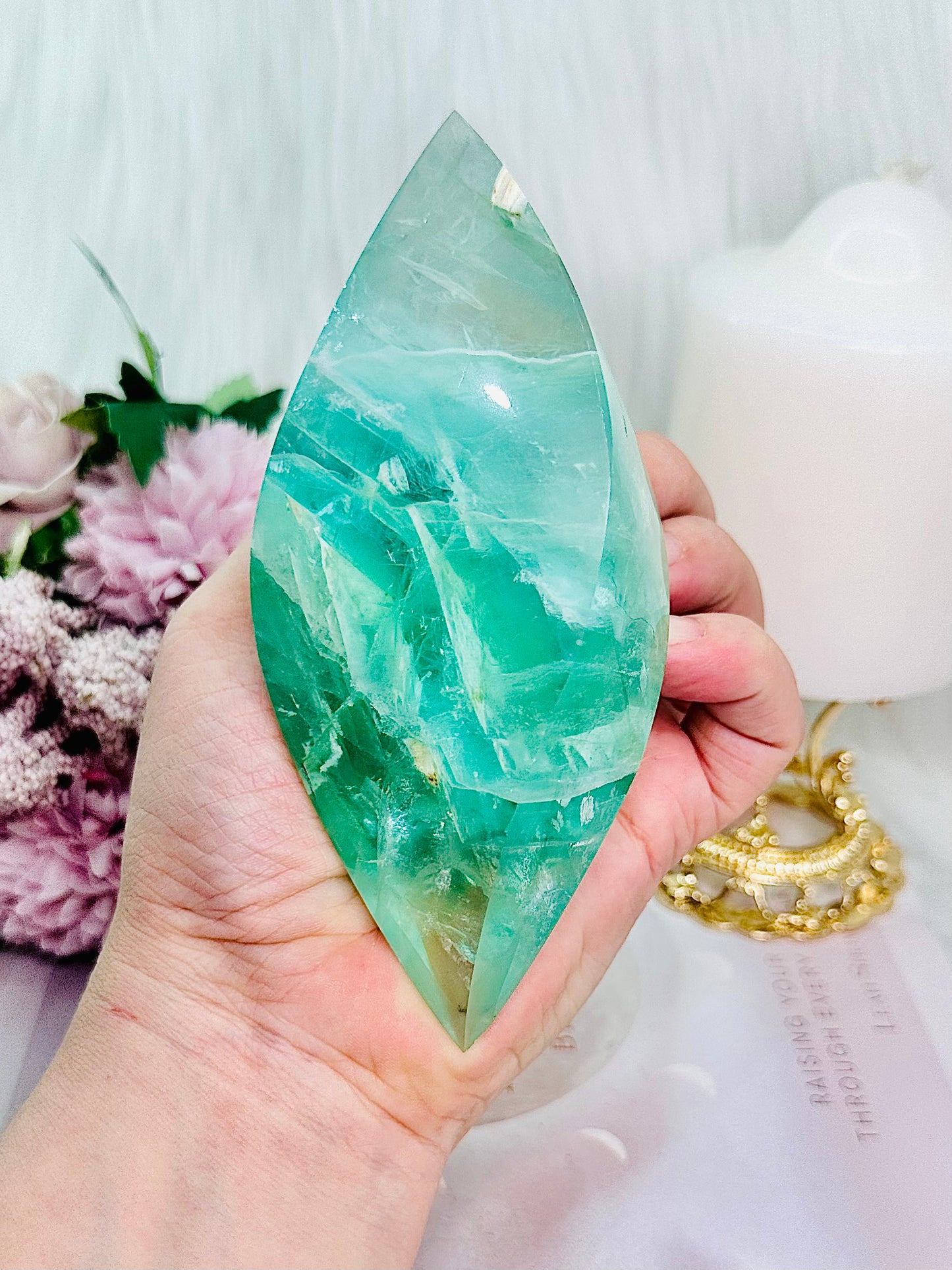 Wow! Classy & Fabulous Large 22cm 608gram Green Fluorite Carved Flame On Gold Stand