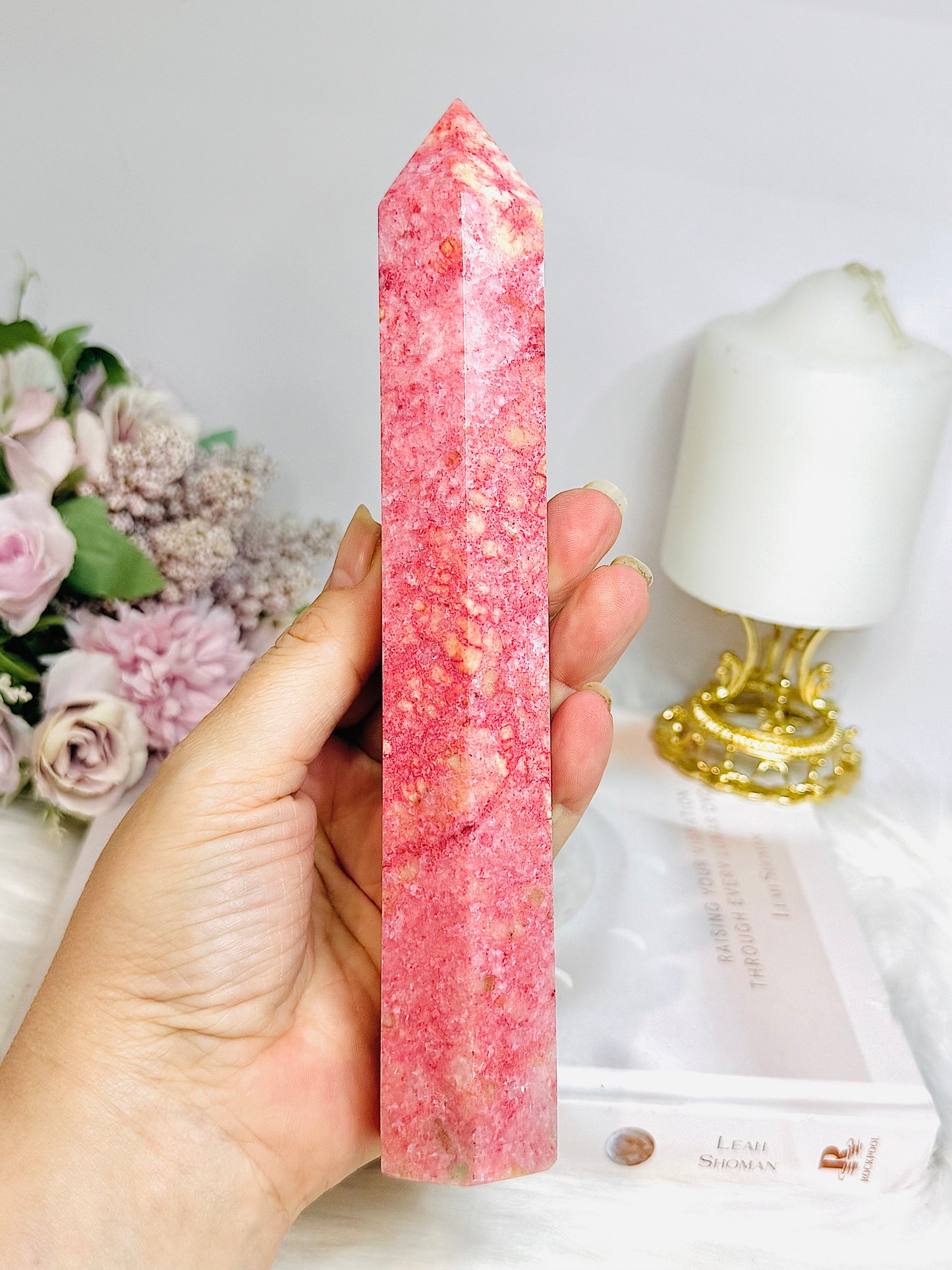 Rare Large Thulite Tower with Epidote Inclusions 20cm