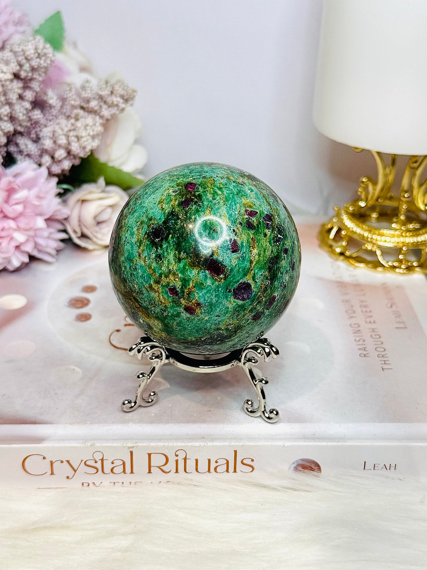 Large Ruby Fuchsite Sphere on Stand UV Reactive 422g