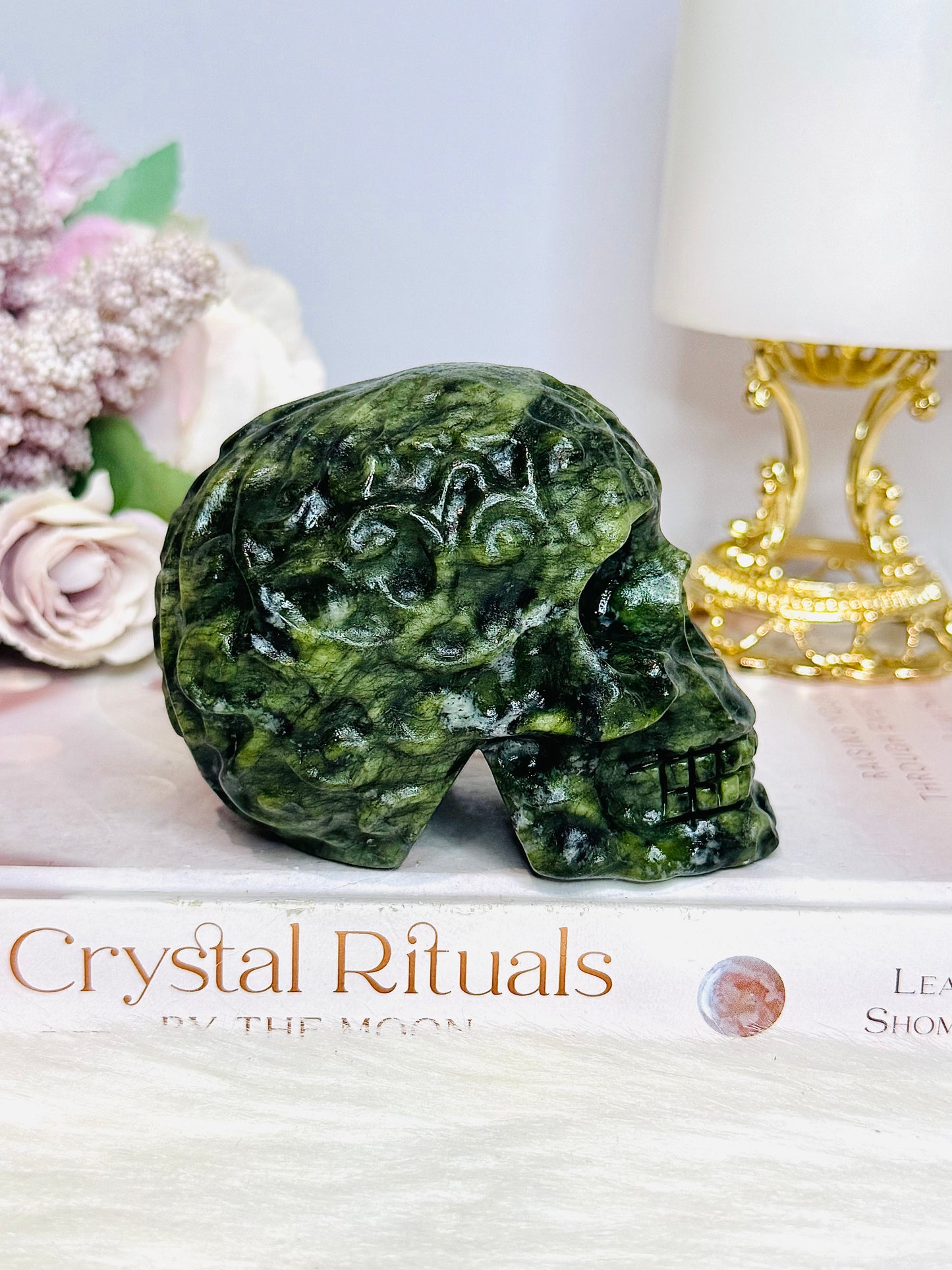 Green Jade Filigree Carved Skull 9cm
