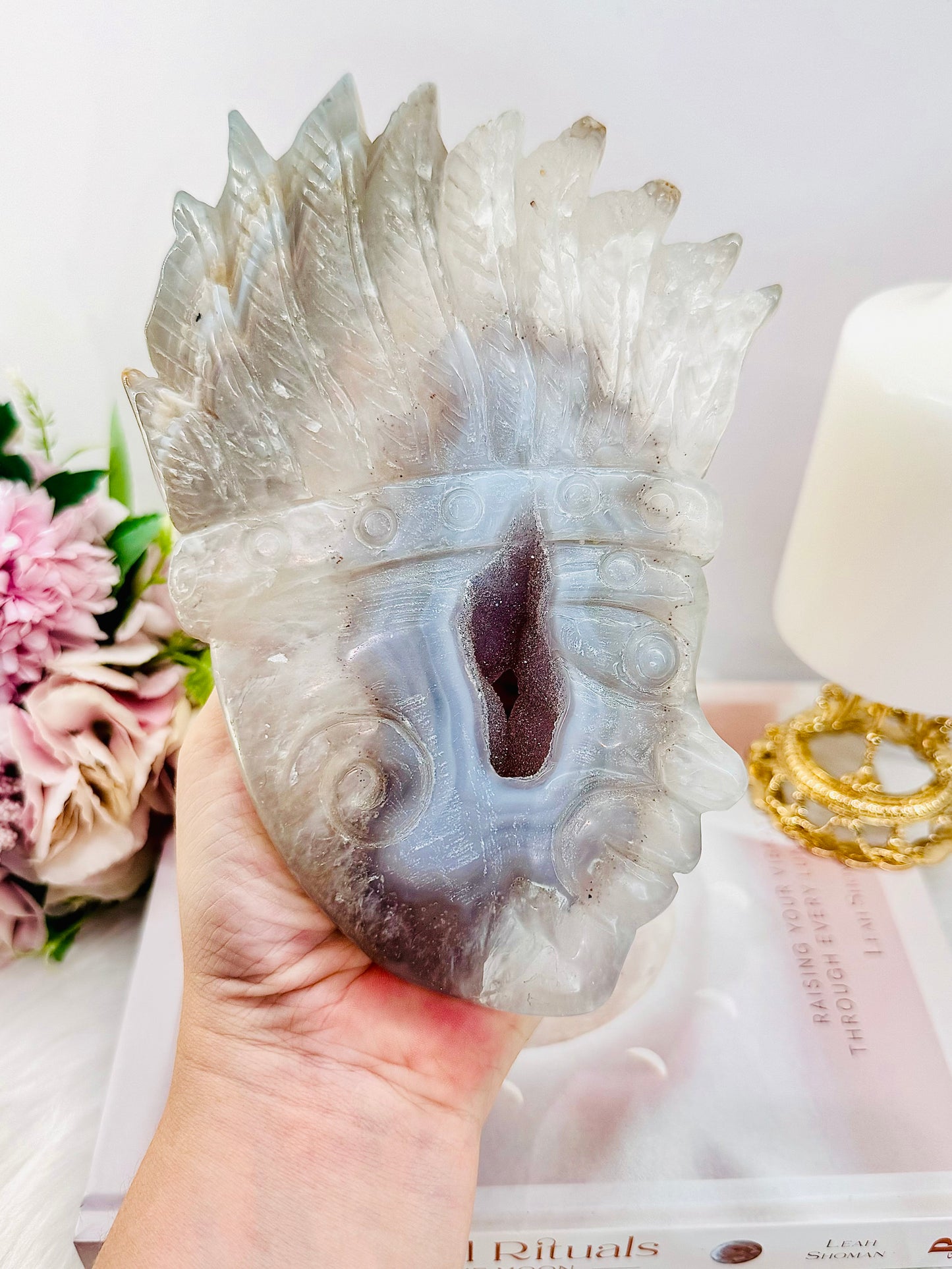 Wow!!! Spectacular Piece! Absolutely Amazing Large 18cm (On Silver Stand) Chunky Druzy Agate Indian Head On Stand ~ Carved To Perfection