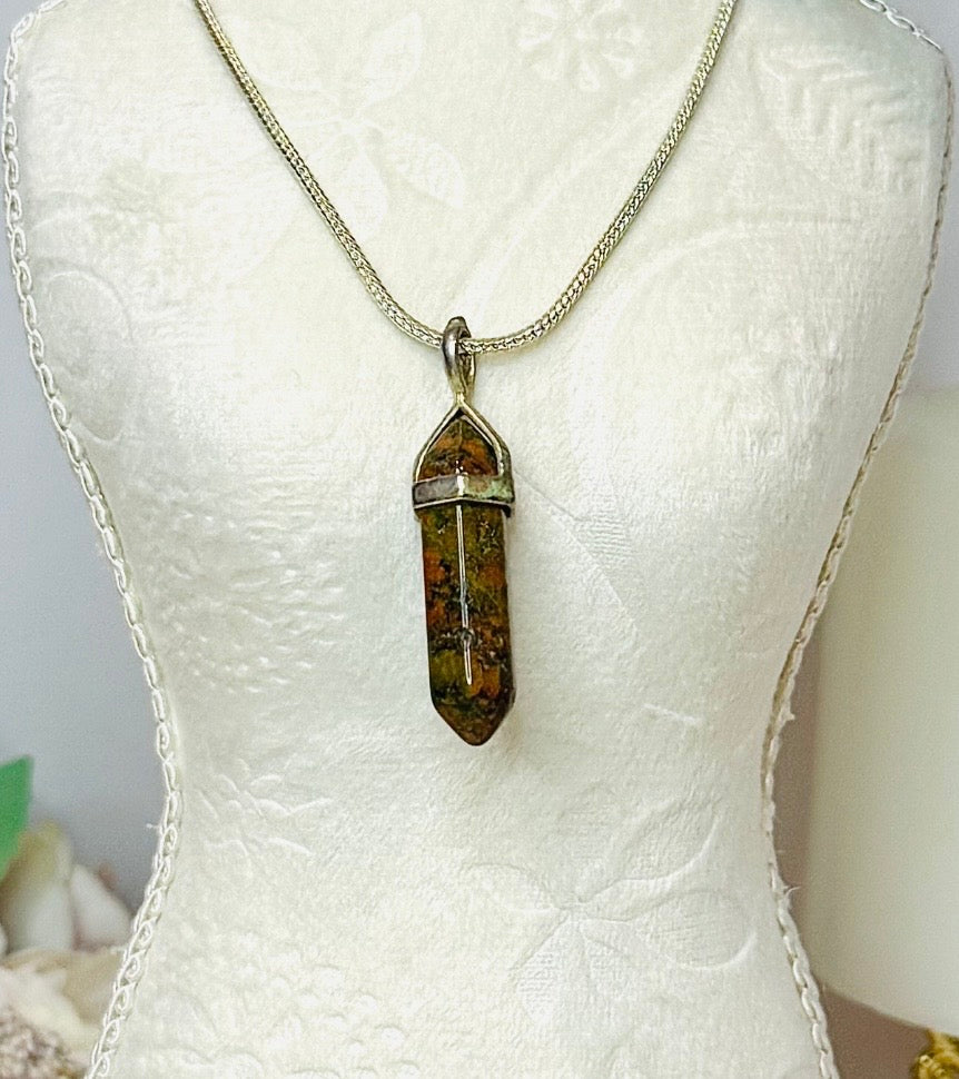 Unakite Pendant on Silver Chain in Gift Bag