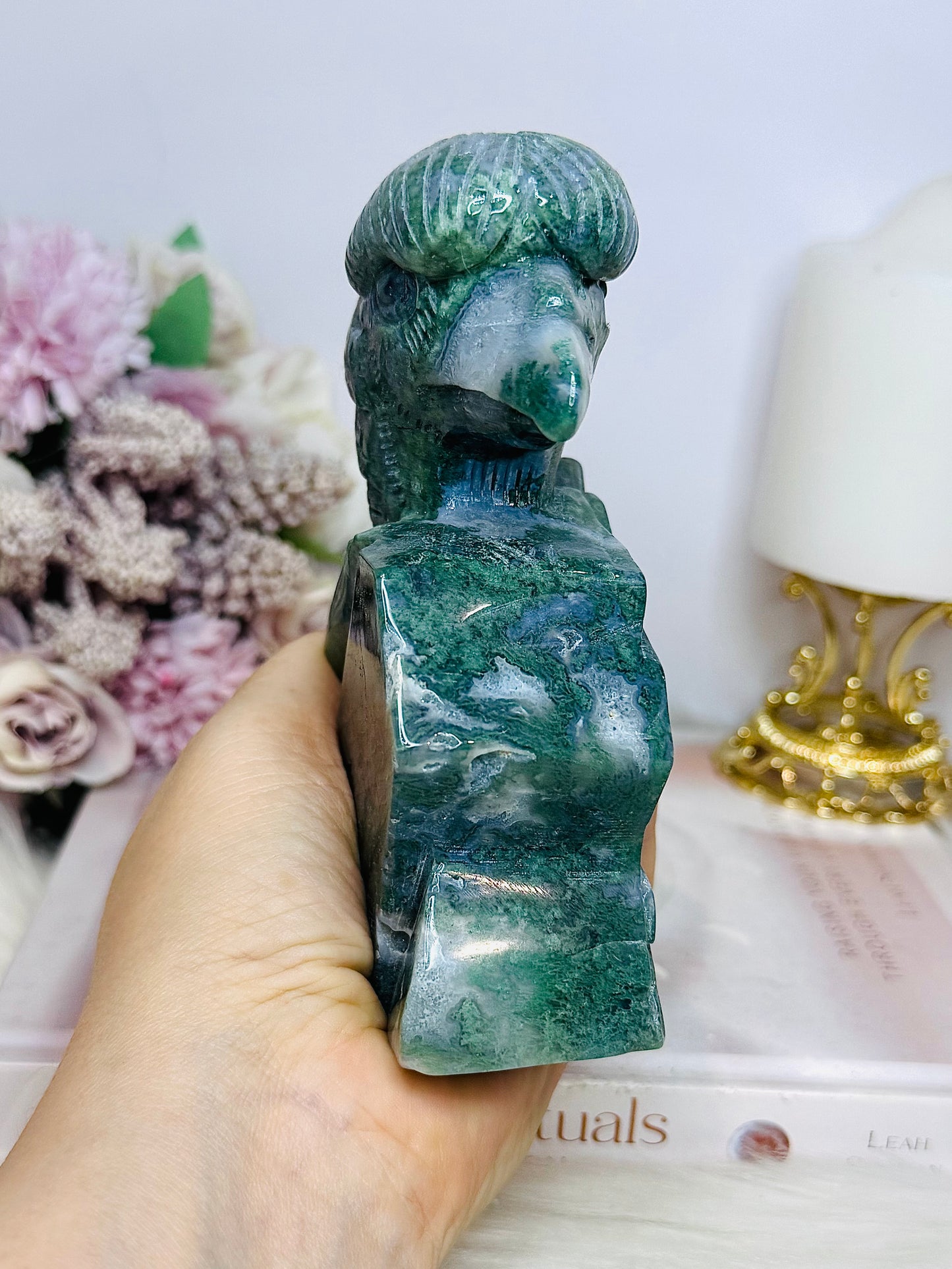 Large Perfectly Carved Moss Agate Eagle 633g 13cm