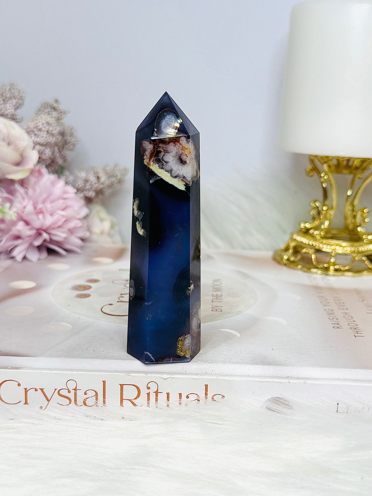 High Grade Blue Flower Agate Tower 9cm