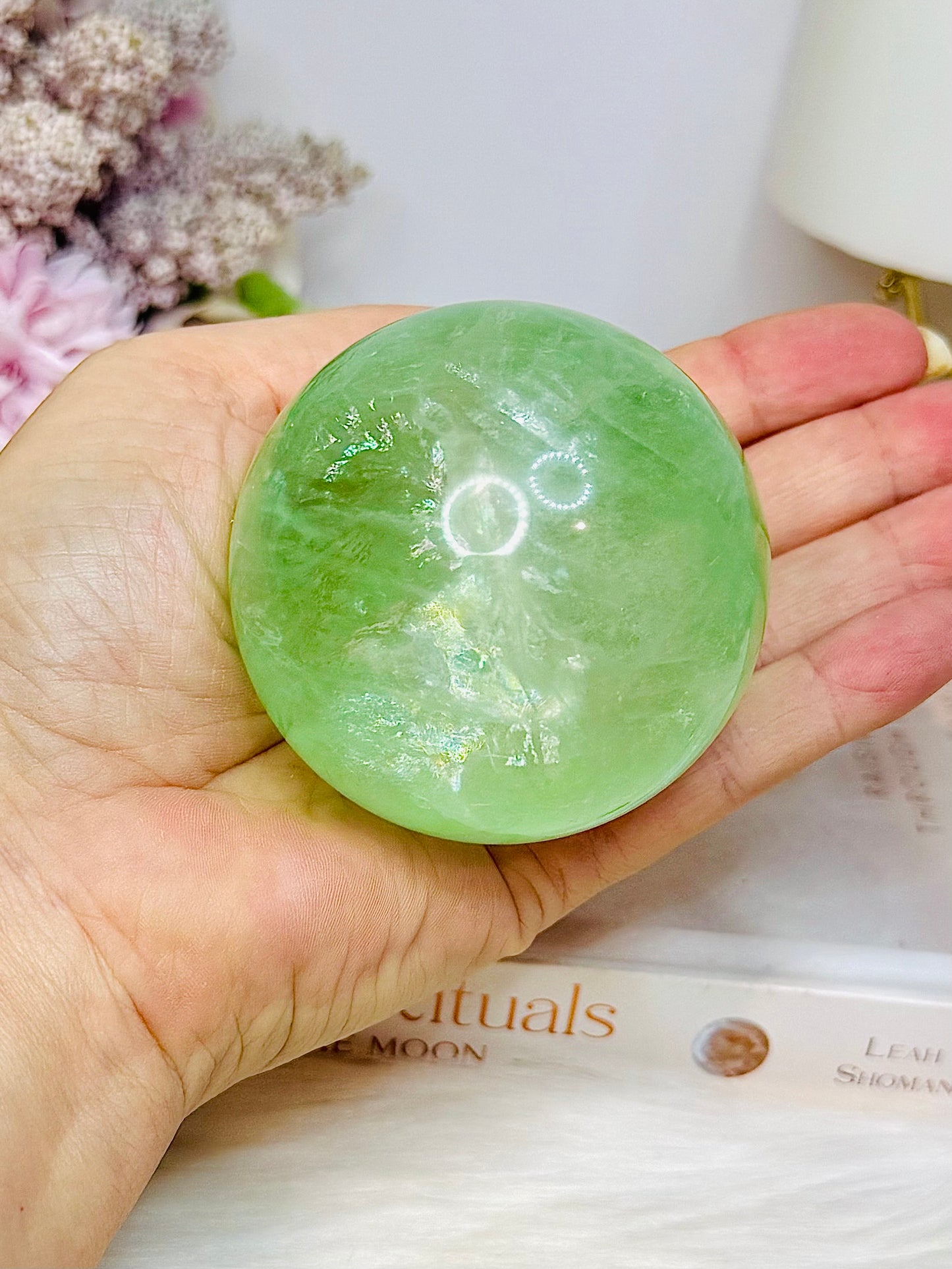 Green Fluorite Sphere with Rainbows On Stand 444g