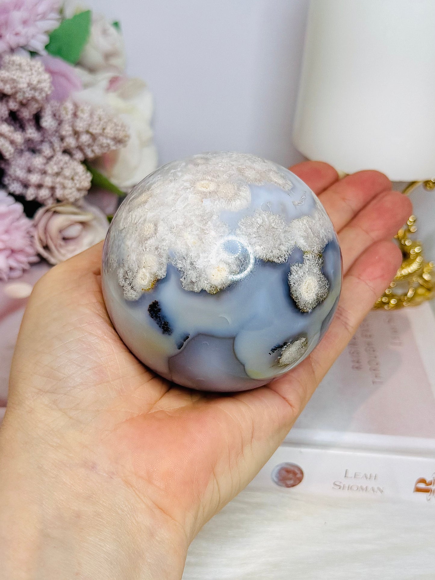 Blue Flower Agate Large Sphere 489g On Stand