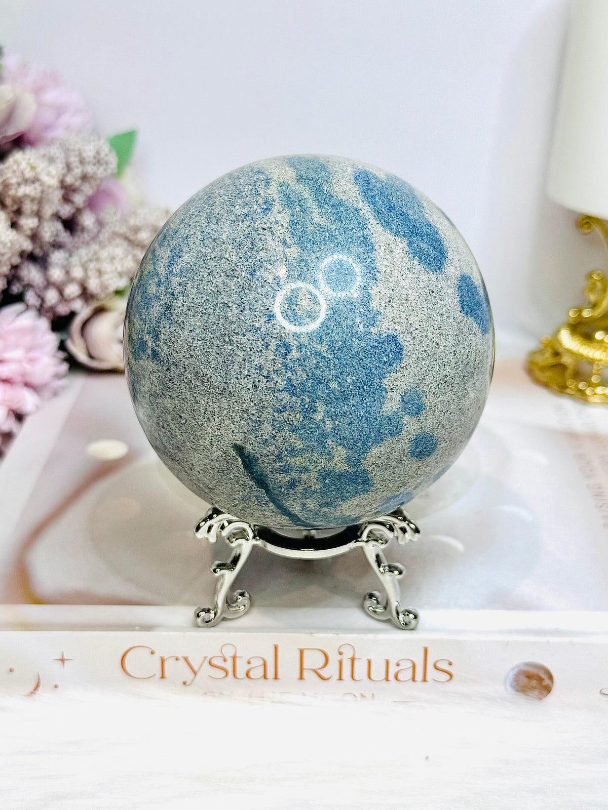 Large K2 Granite with Azurite Sphere On Stand 770g