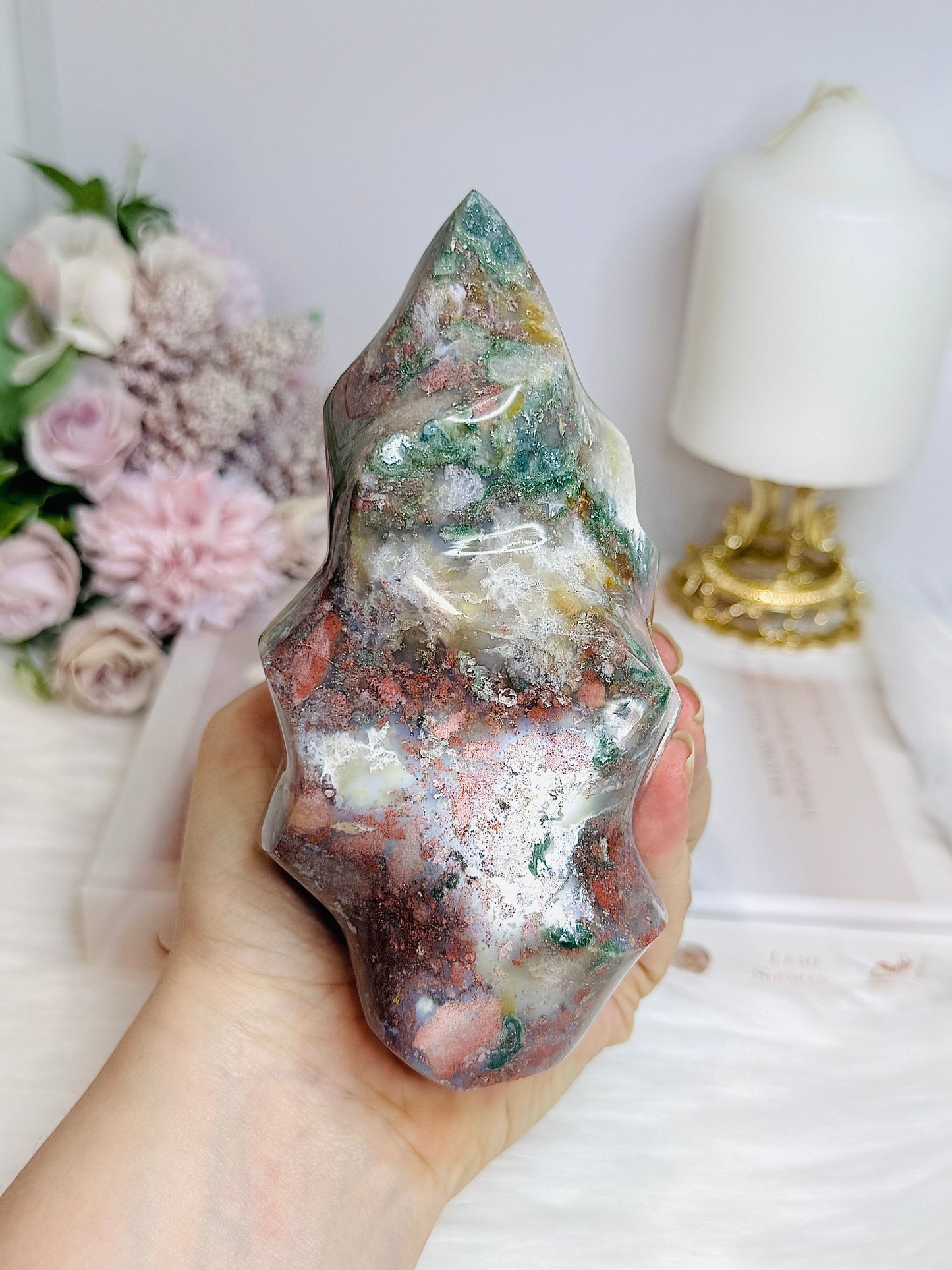 Large Ocean Jasper Carved Flame 14cm 706g