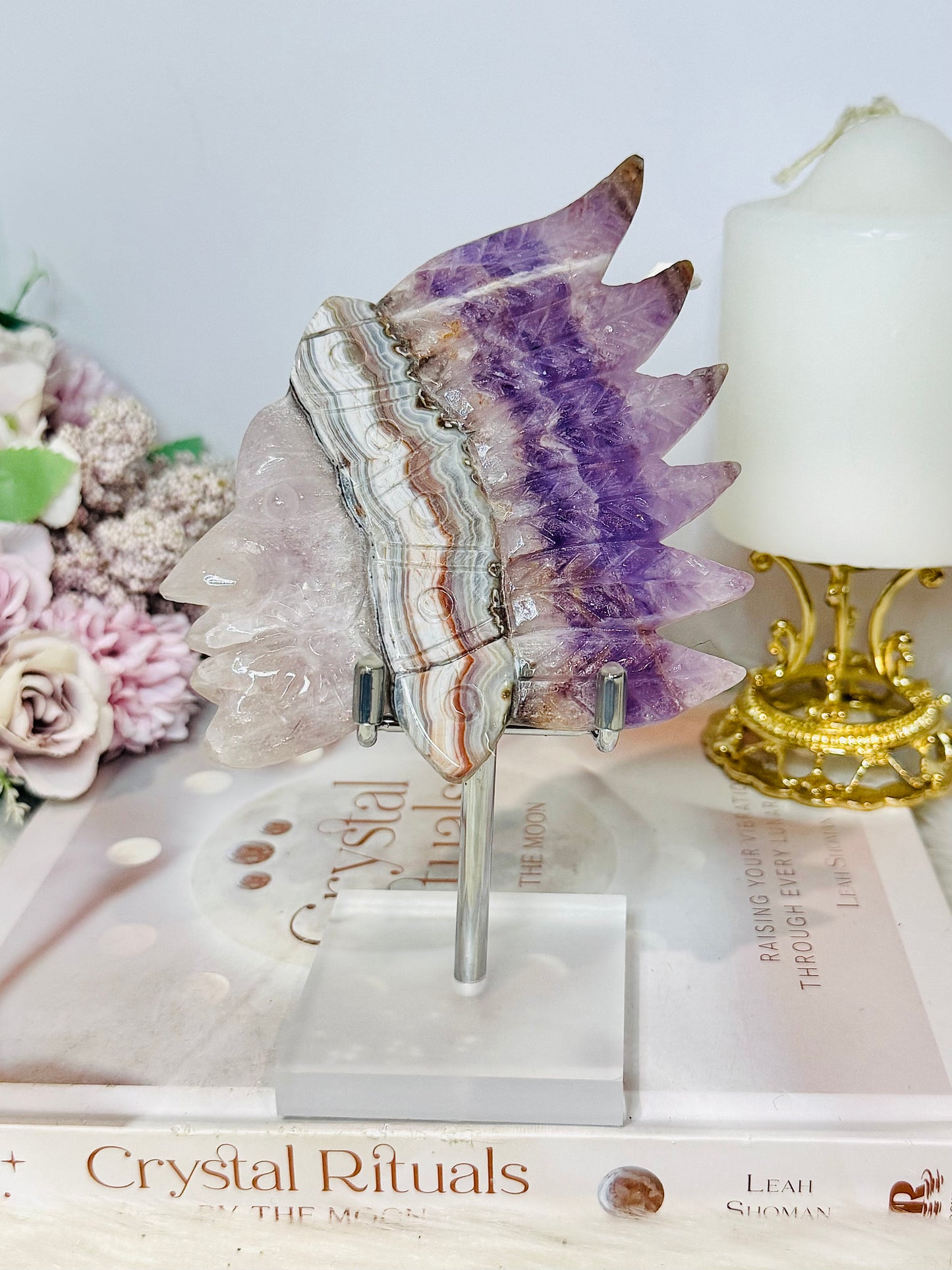 Agate X Amethyst Carved Indian Head on Stand 16.5cm