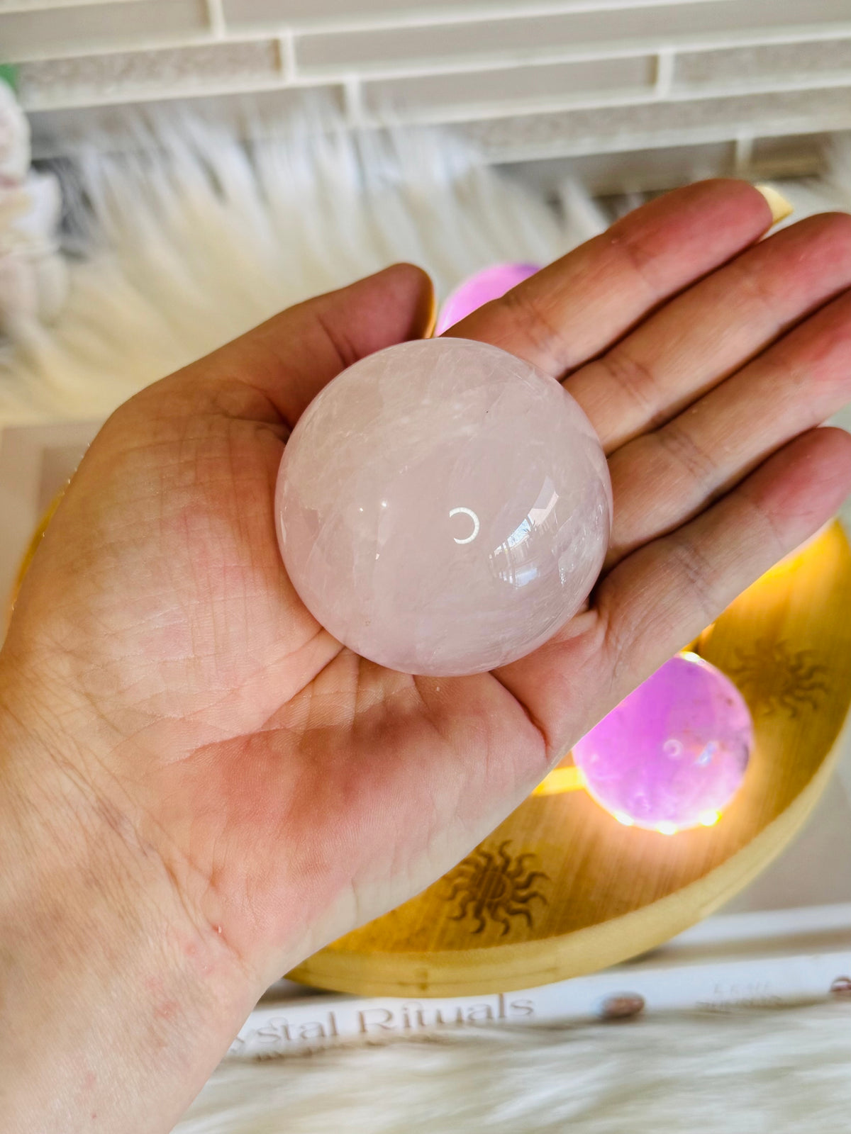 Feminine Energy ~ Large Light Stand 20cm with Glass Fairy Sphere, 3 Amethyst Spheres, Rose Quartz Sphere & 2 Pink Amethyst Spheres