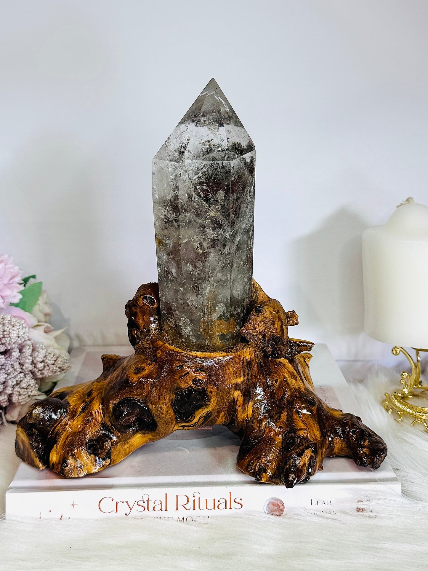 Stunning Large High Grade Garden Quartz | Lodolite Tower on Timber Base 1.02KG 21cm