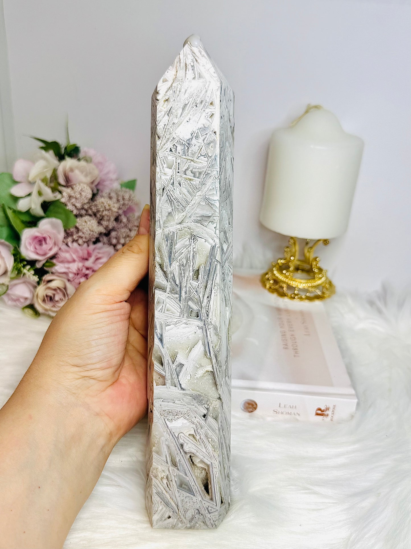 Large White Crazy Lace Agate Tower 25cm 956g
