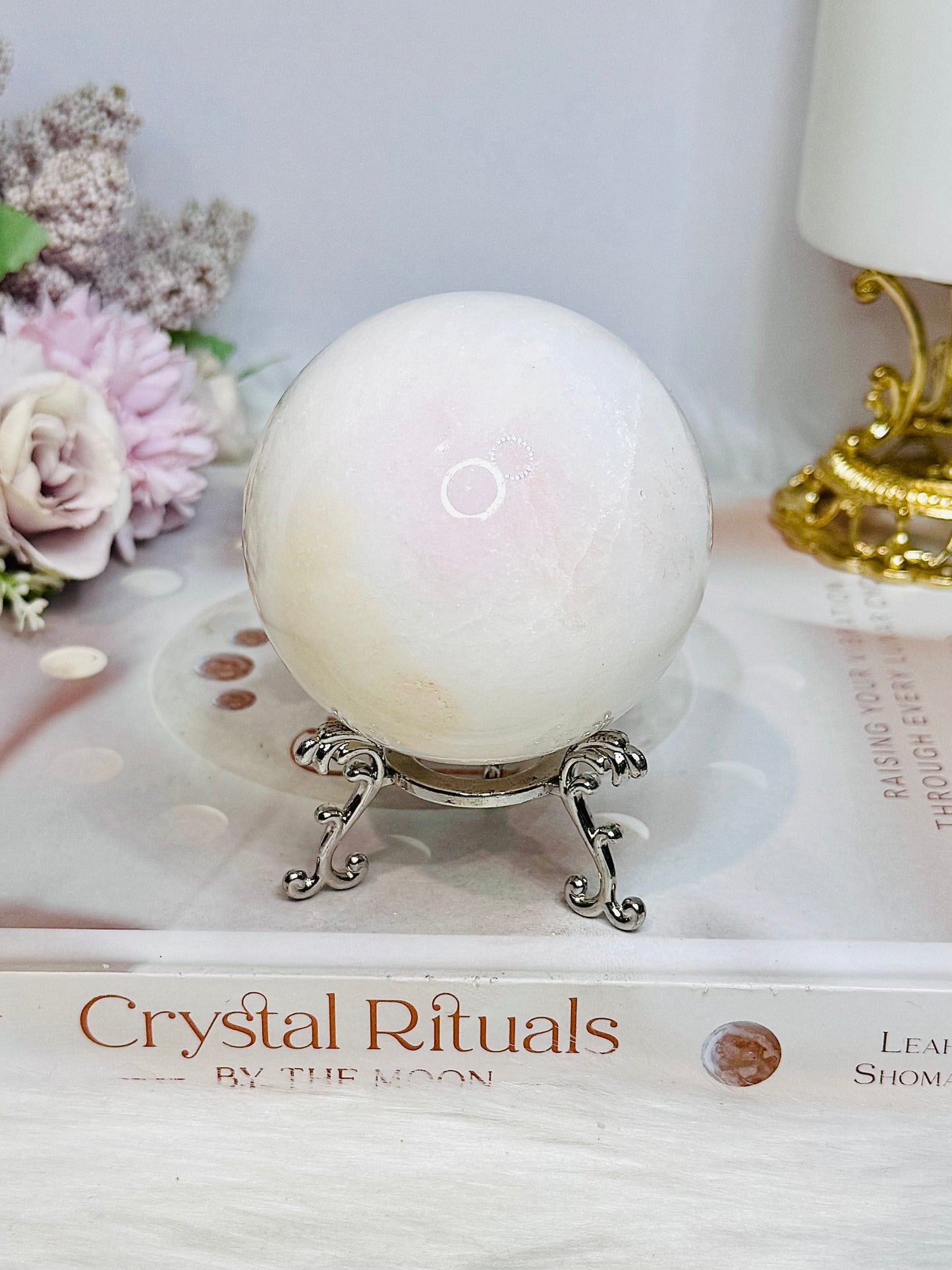 Large Mangano Calcite Sphere (UV Reactive) On Stand 420g