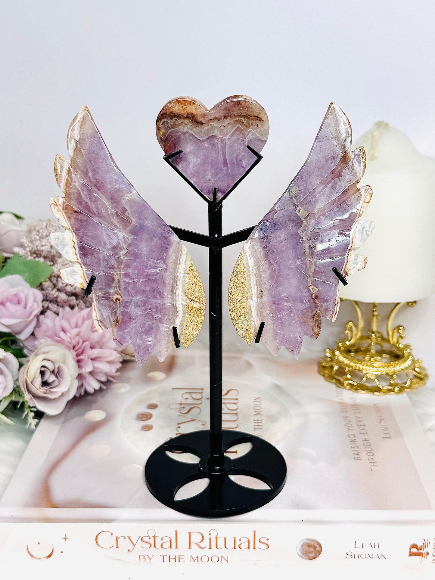 Crazy Lace Amethyst Carved Heart with Angel Wings on Stand 19cm