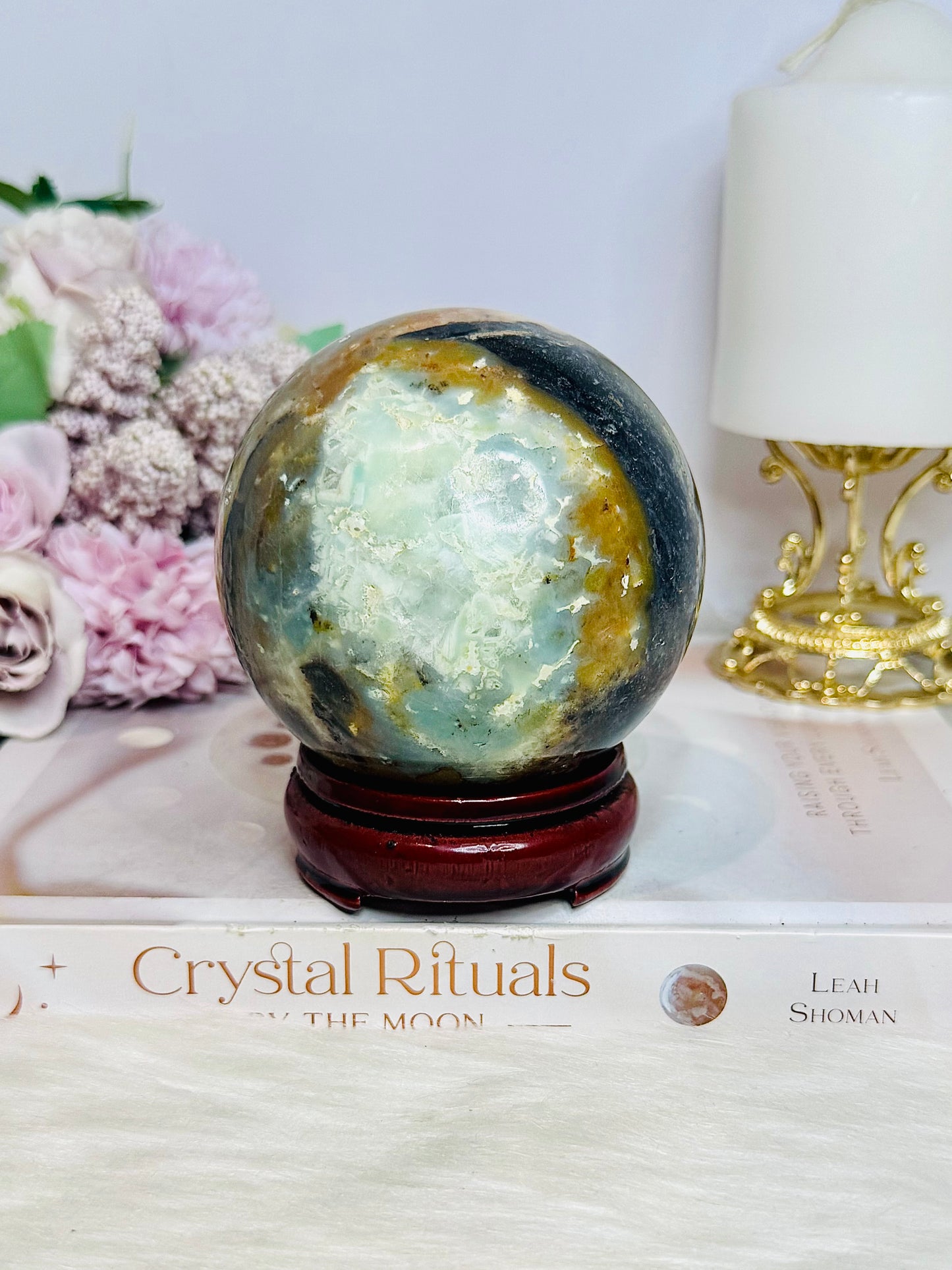 Large Sky Blue Quartz Sphere on Stand 853g