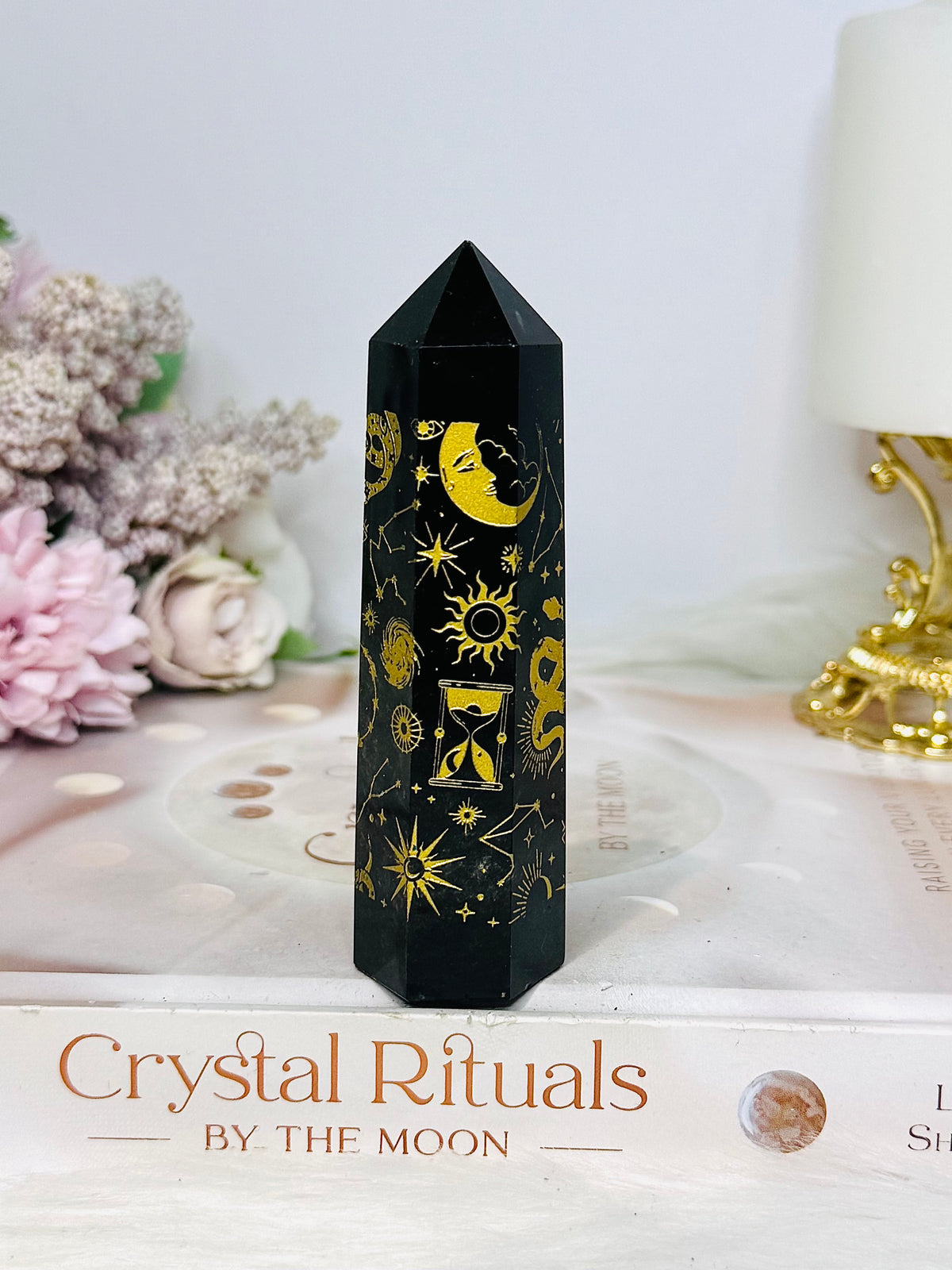 Black Obsidian Gold Sun & Moon Tower 10cm