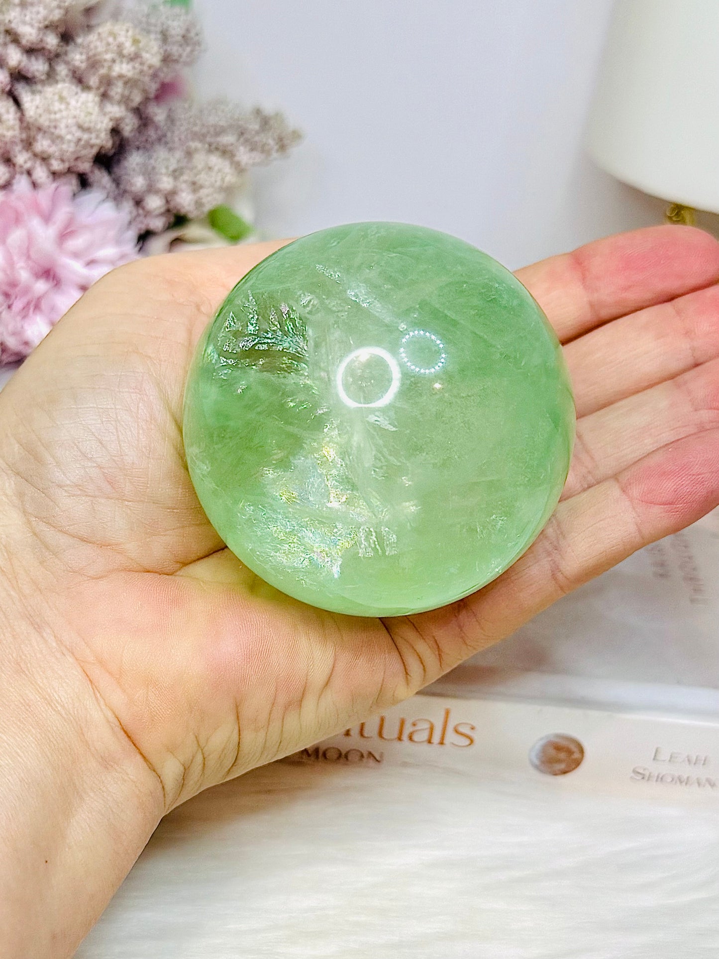 Green Fluorite Sphere with Rainbows On Stand 444g
