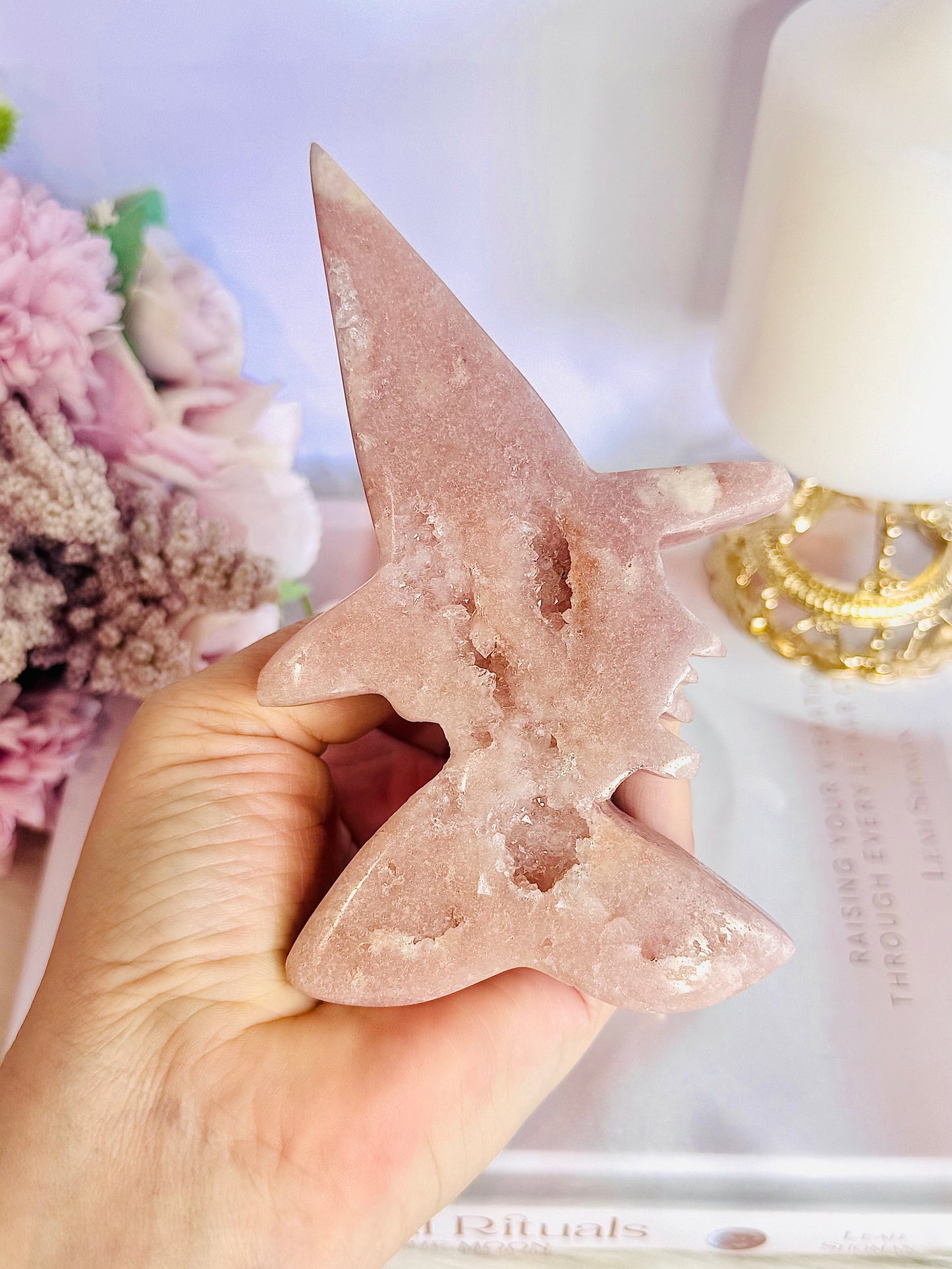 Chunky 13cm Carved Druzy Pink Amethyst Witch