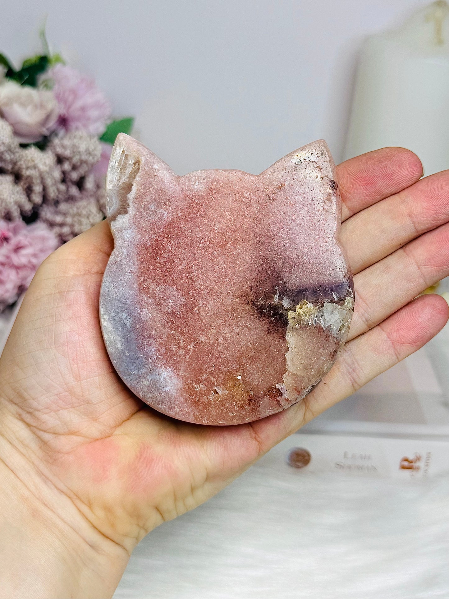 Pink Amethyst Druzy Cat Carving On Stand 9cm 254g