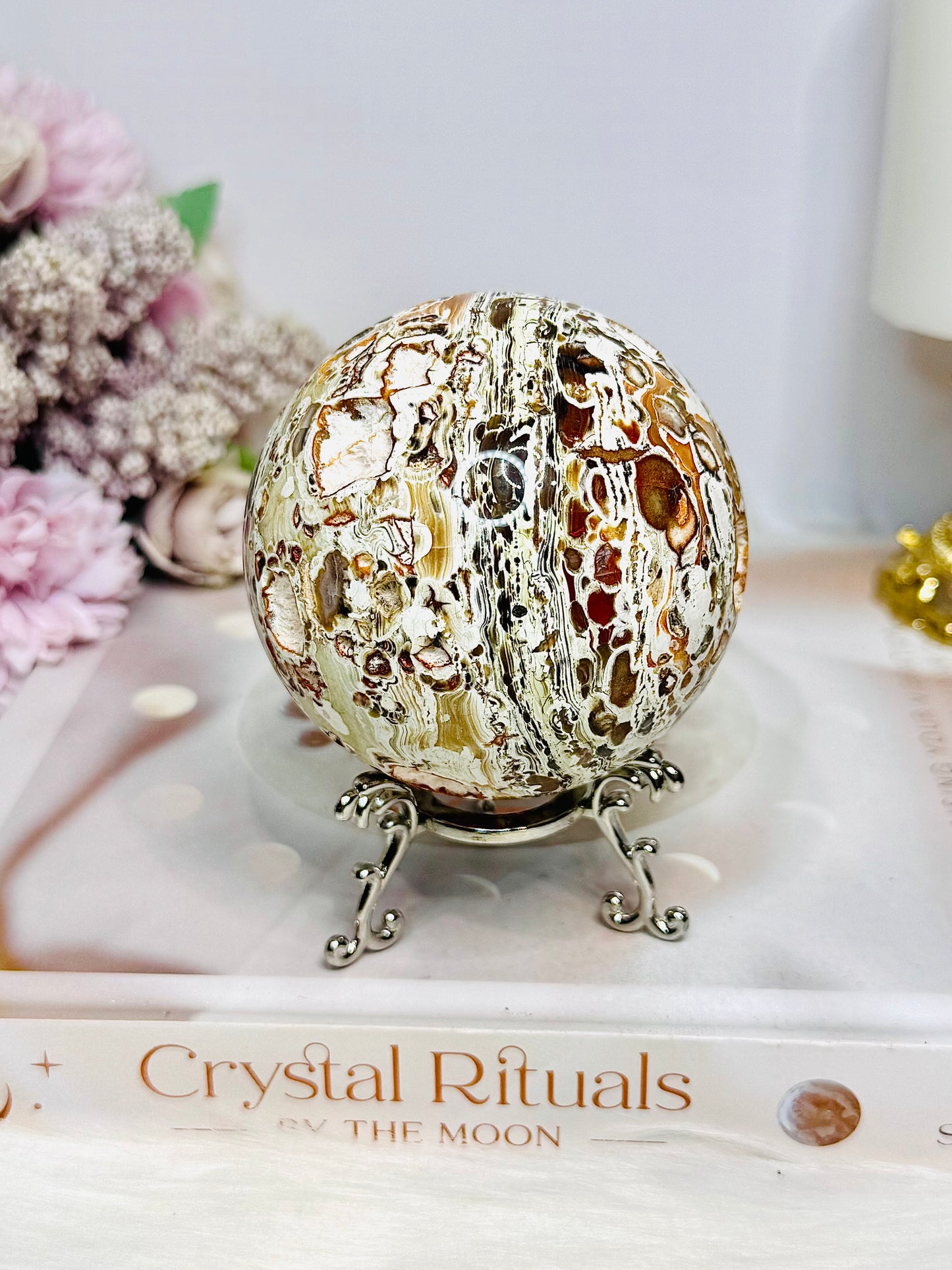 Large Money Agate Druzy Sphere on Stand 389g