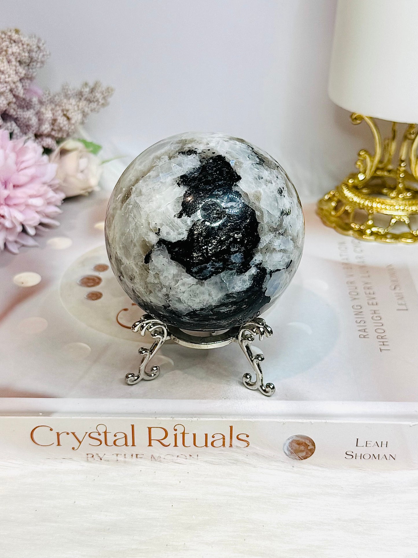 Large Rainbow Moonstone Sphere with Blue Flash 464g