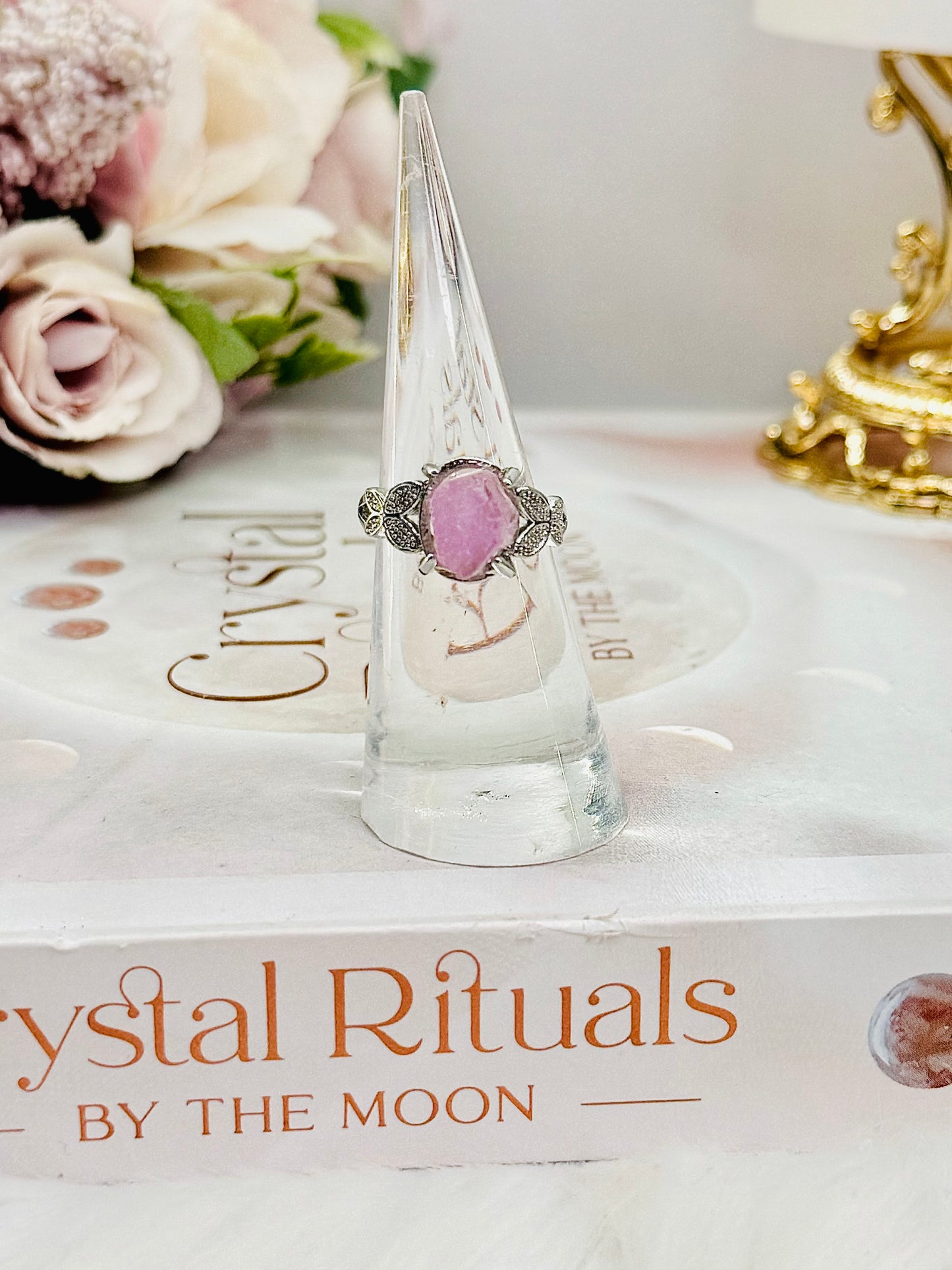 Raw Natural Kunzite Adjustable Silver Ring in Gift Bag