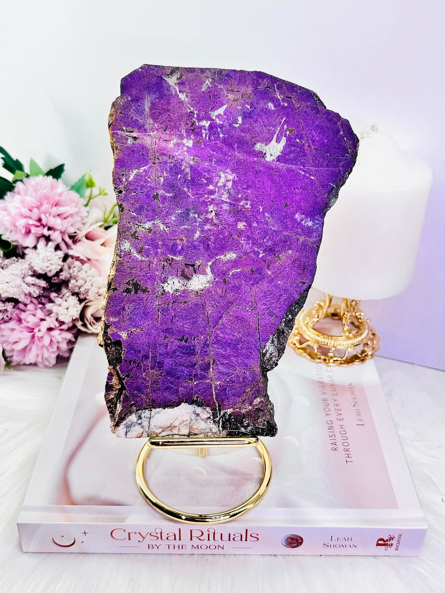 The Stone Of Freedom ~ Incredible Rare Natural Velvet Purpurite Huge Slab On Gold Stand, 22cm (Inc Stand) 683grams