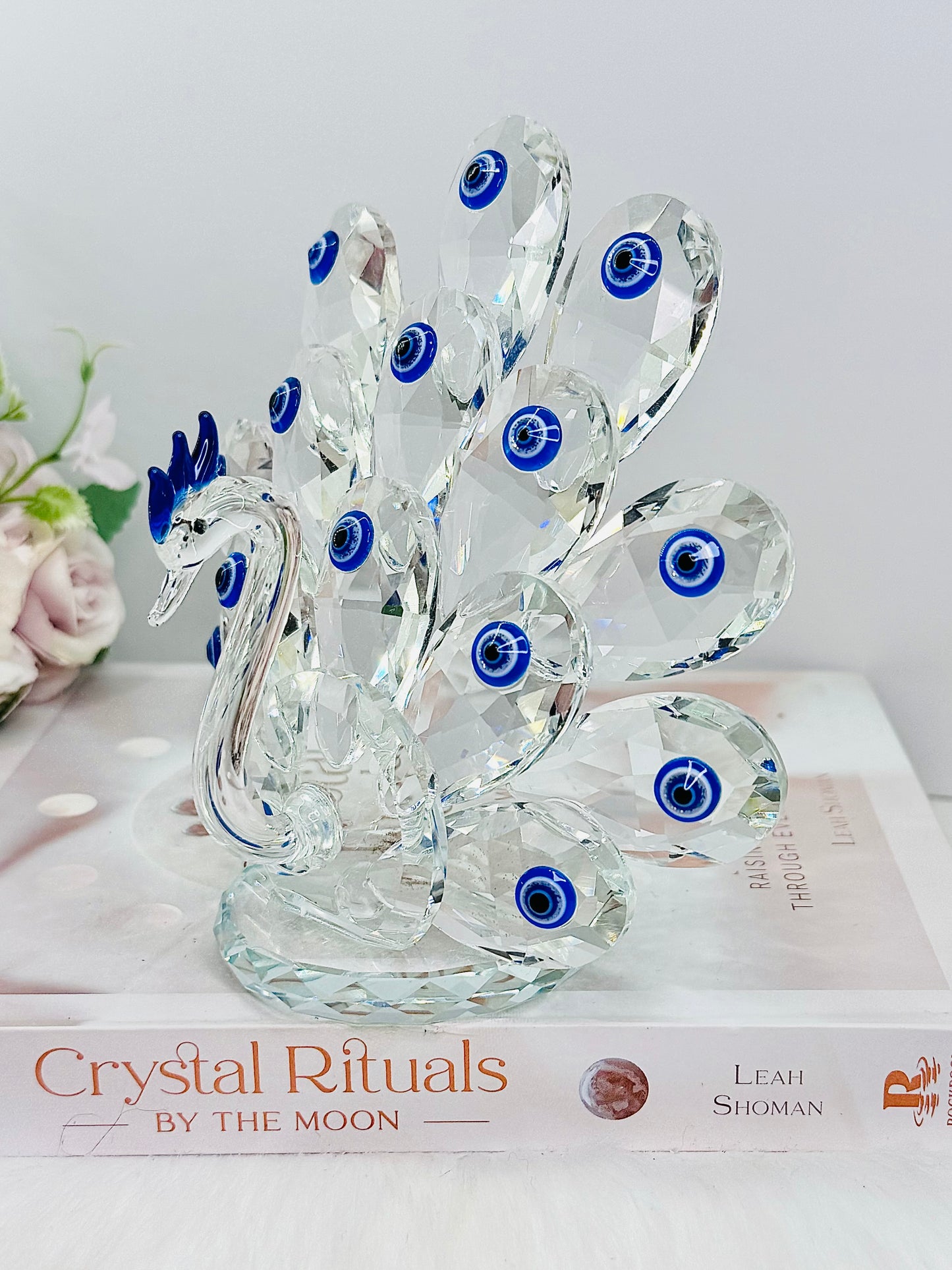 For Protection ~ Exquisite Large 15cm Glass Evil Eye Peacock Figurine combining elegance and mystique