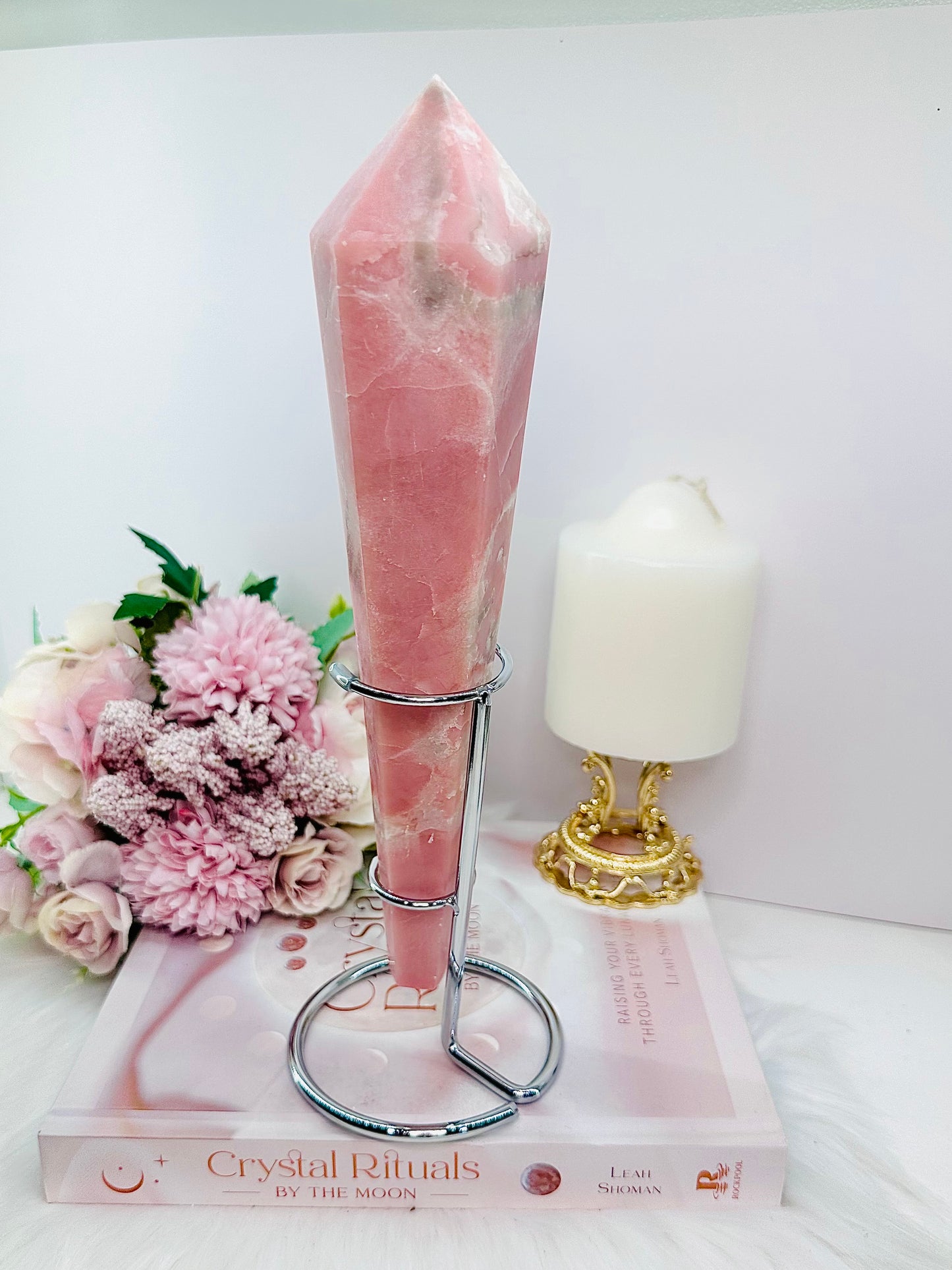 Classy & Fabulous Huge Pink Opal Wand | Obelisk Tower On Silver Stand 27cm