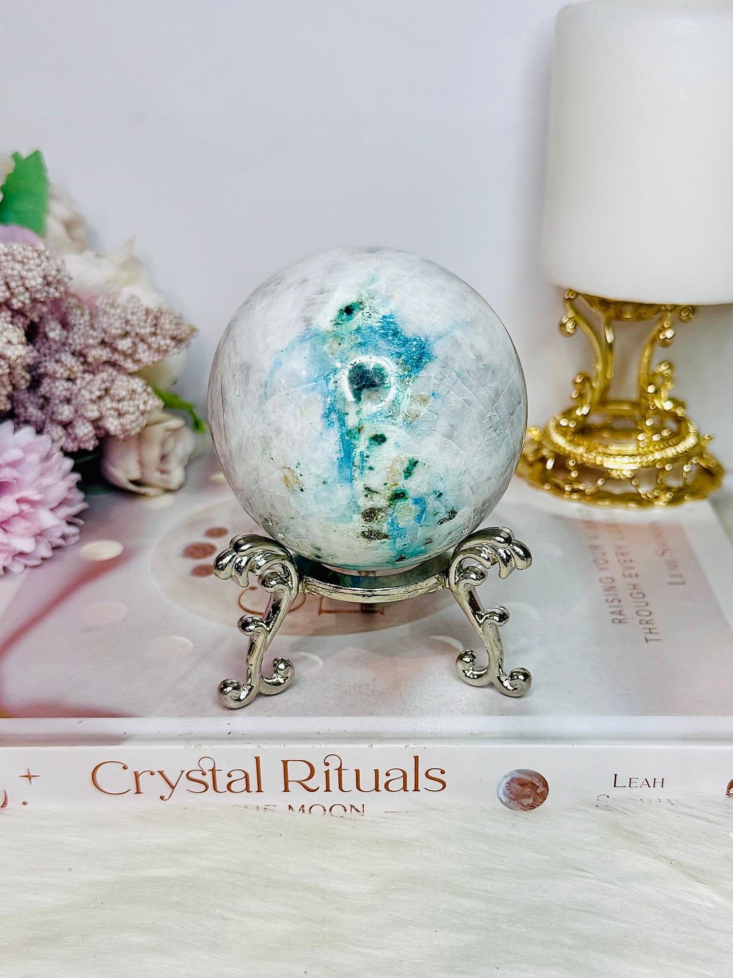 Large Phoenix Stone (Malachite, Chrysocolla, Turquoise) Sphere on Stand 460g