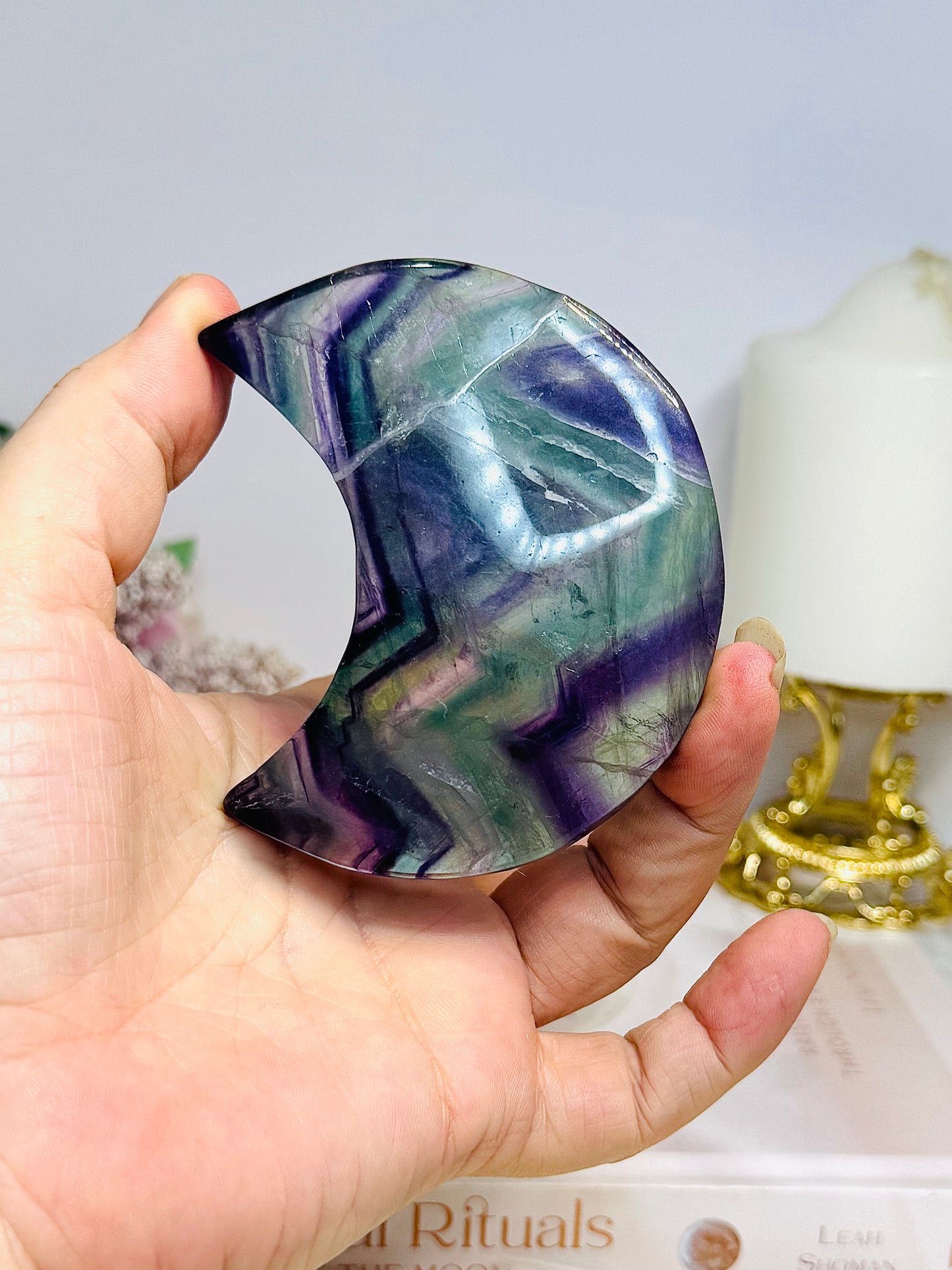 High Grade Rainbow Fluorite Moon On Stand 8cm